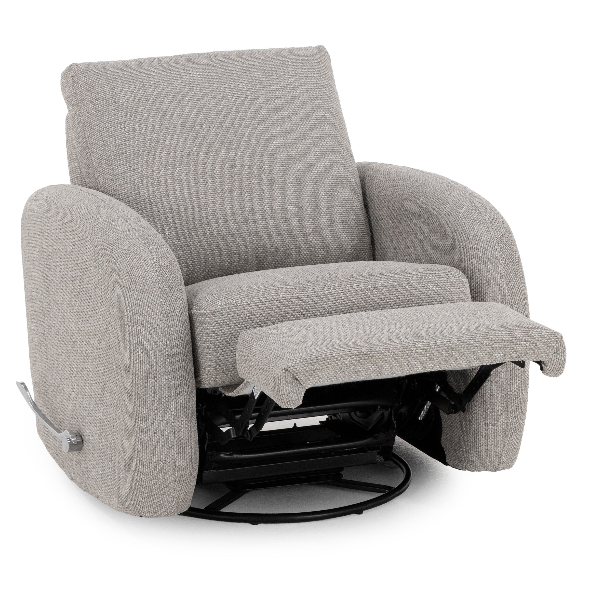 Light gray fabric recliner chair with extended footrest.