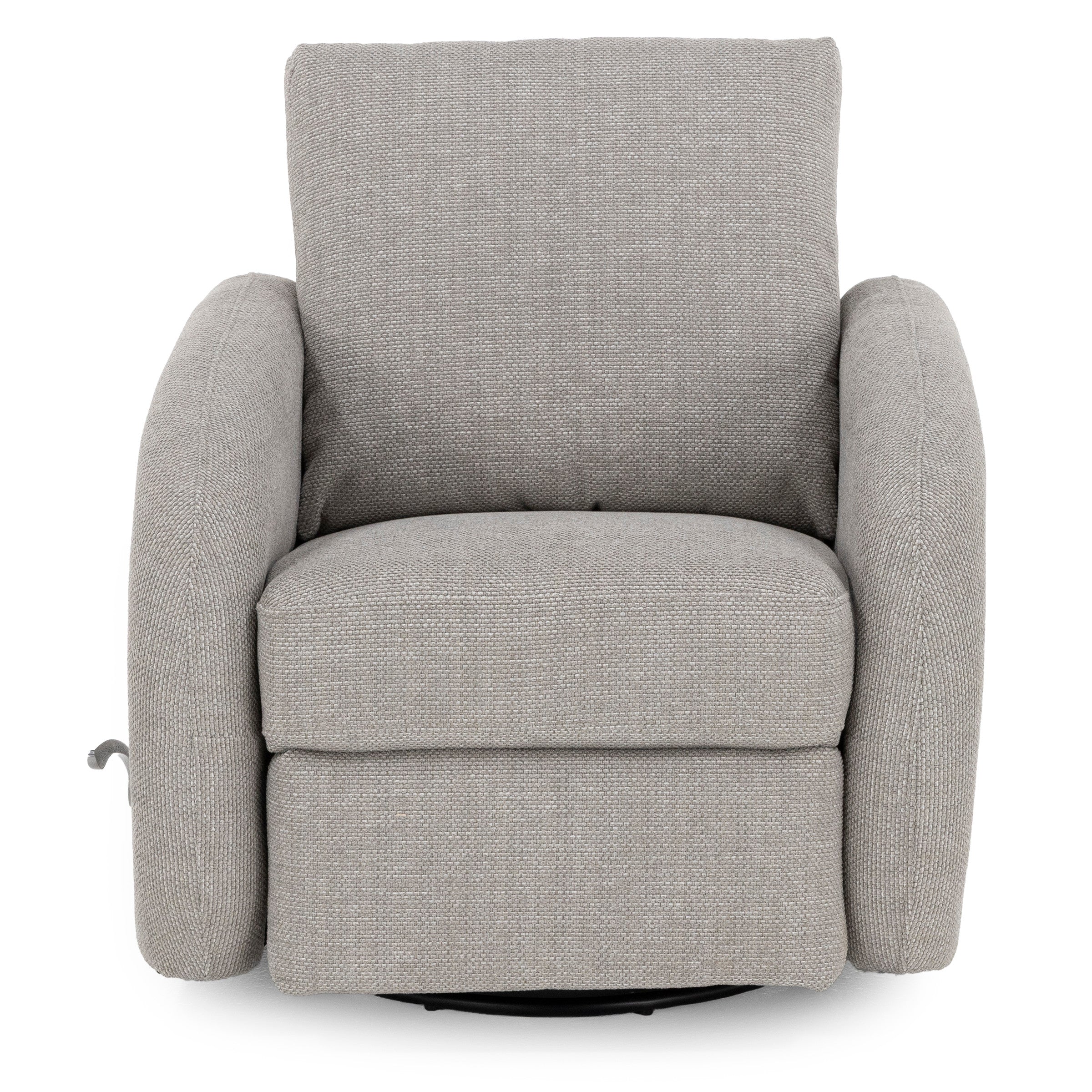 Light gray fabric recliner chair, front view.