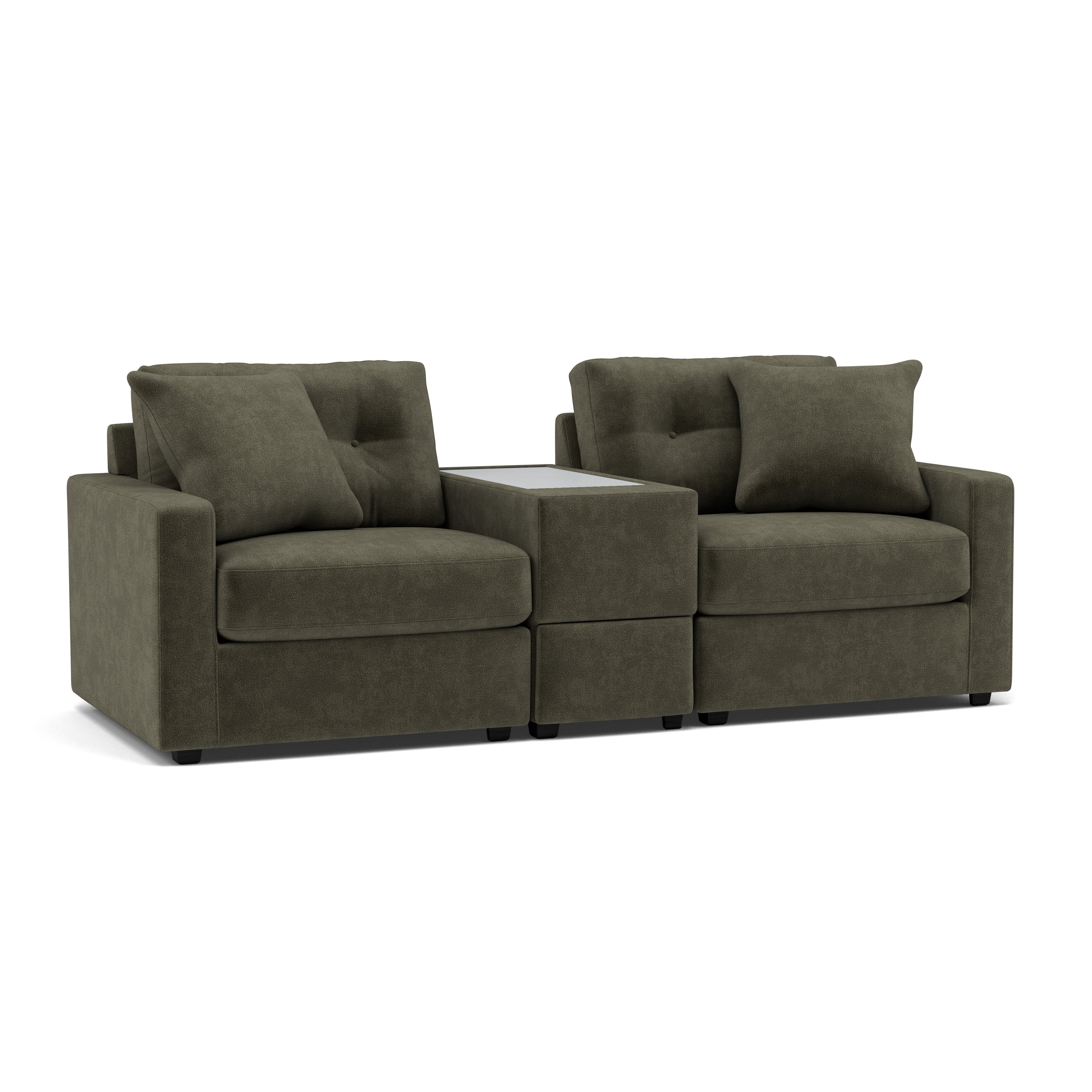 Olive green two-seat sofa with center console table and plush cushions.