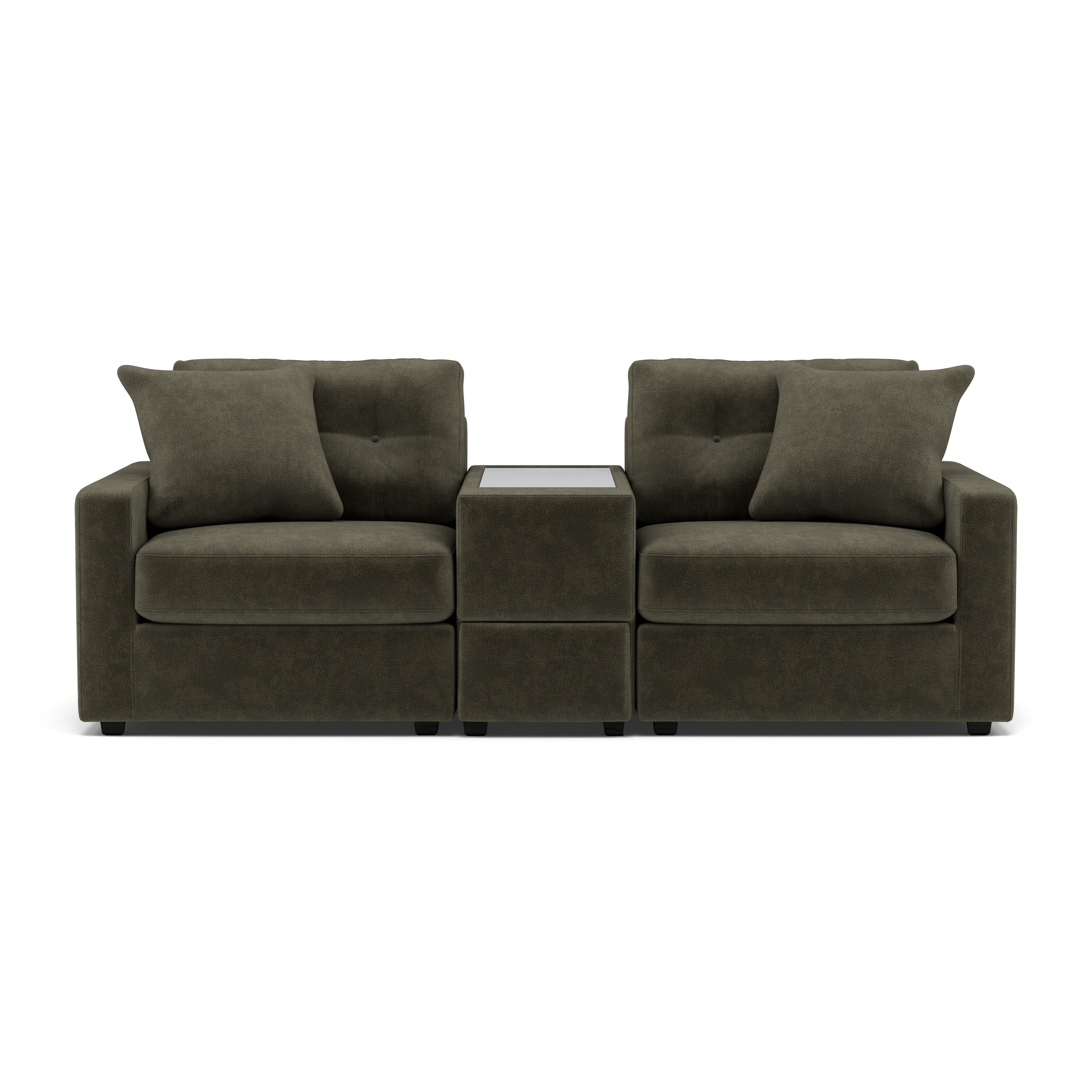 Two-seat dark olive sofa with center storage console and four square pillows.