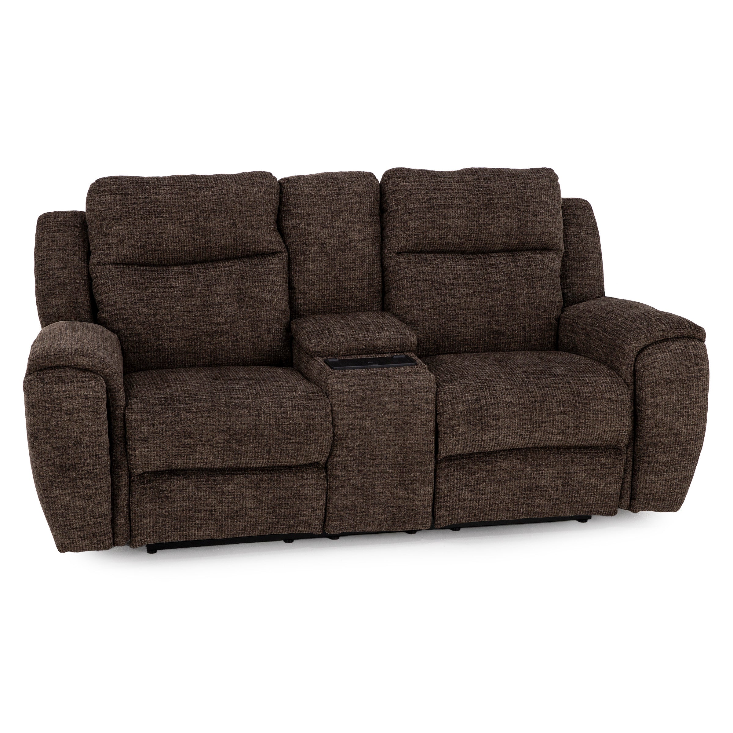 Brown fabric reclining loveseat with center console.