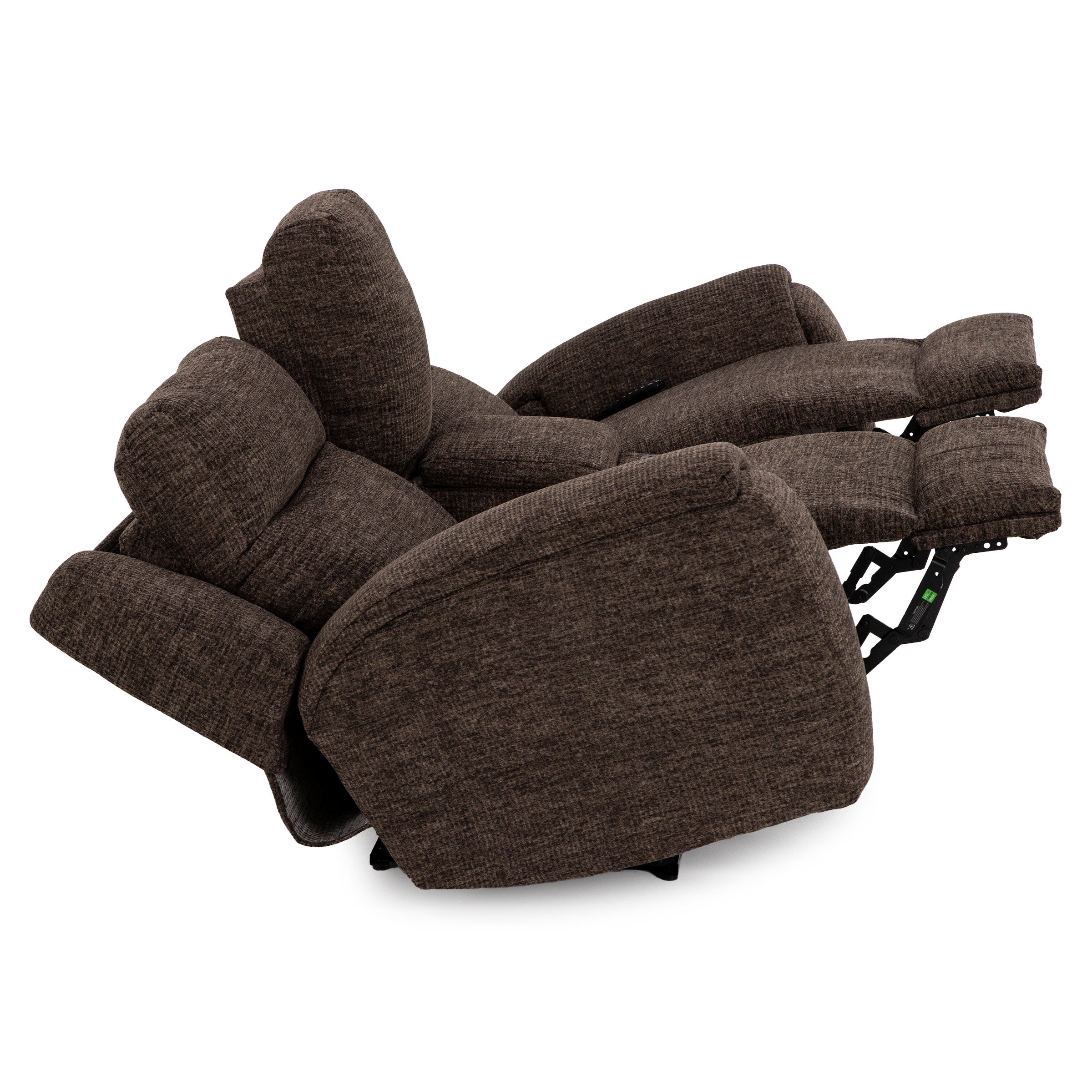 Brown fabric reclining chair fully extended with padded arms and footrest visible.