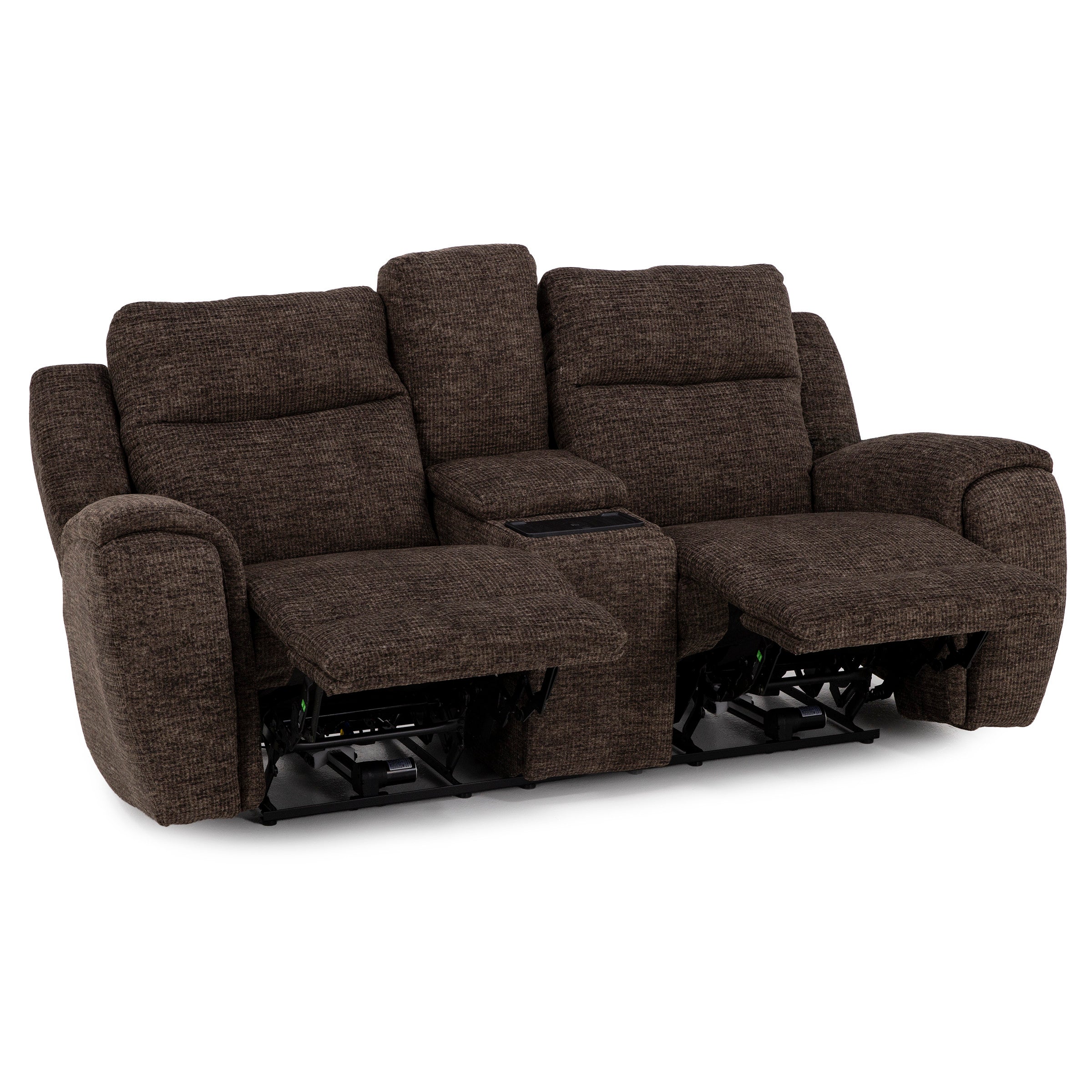 Dark brown reclining loveseat with center console and raised footrests.