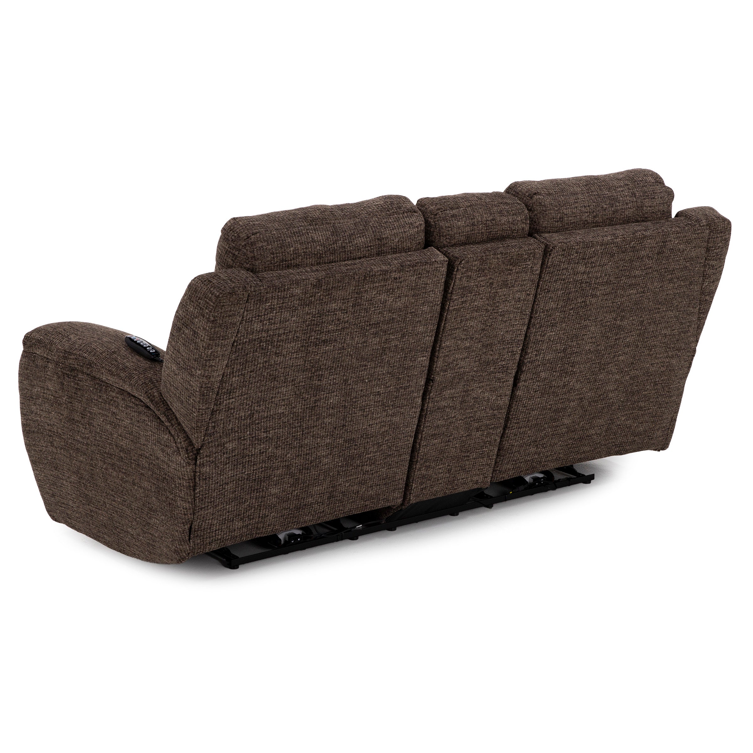 Back view of a brown fabric reclining sofa with visible control panel on the armrest.