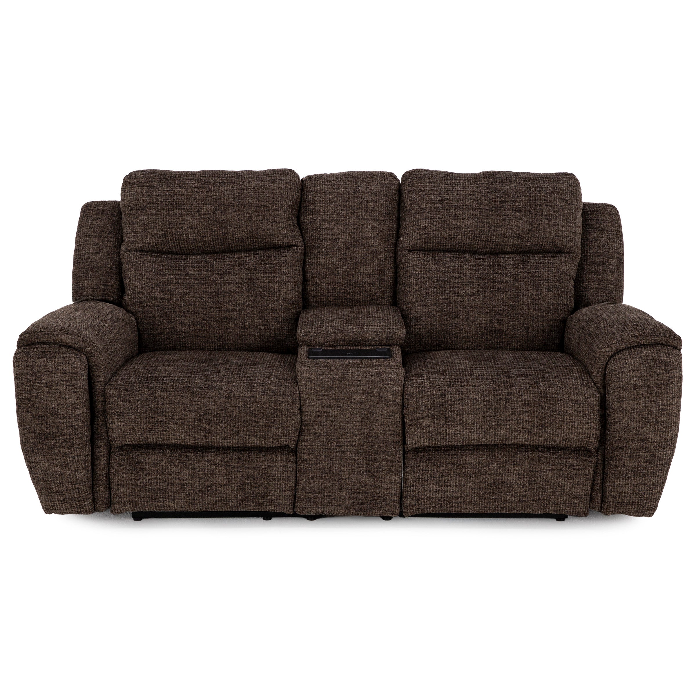Brown reclining loveseat with center console and cup holder
