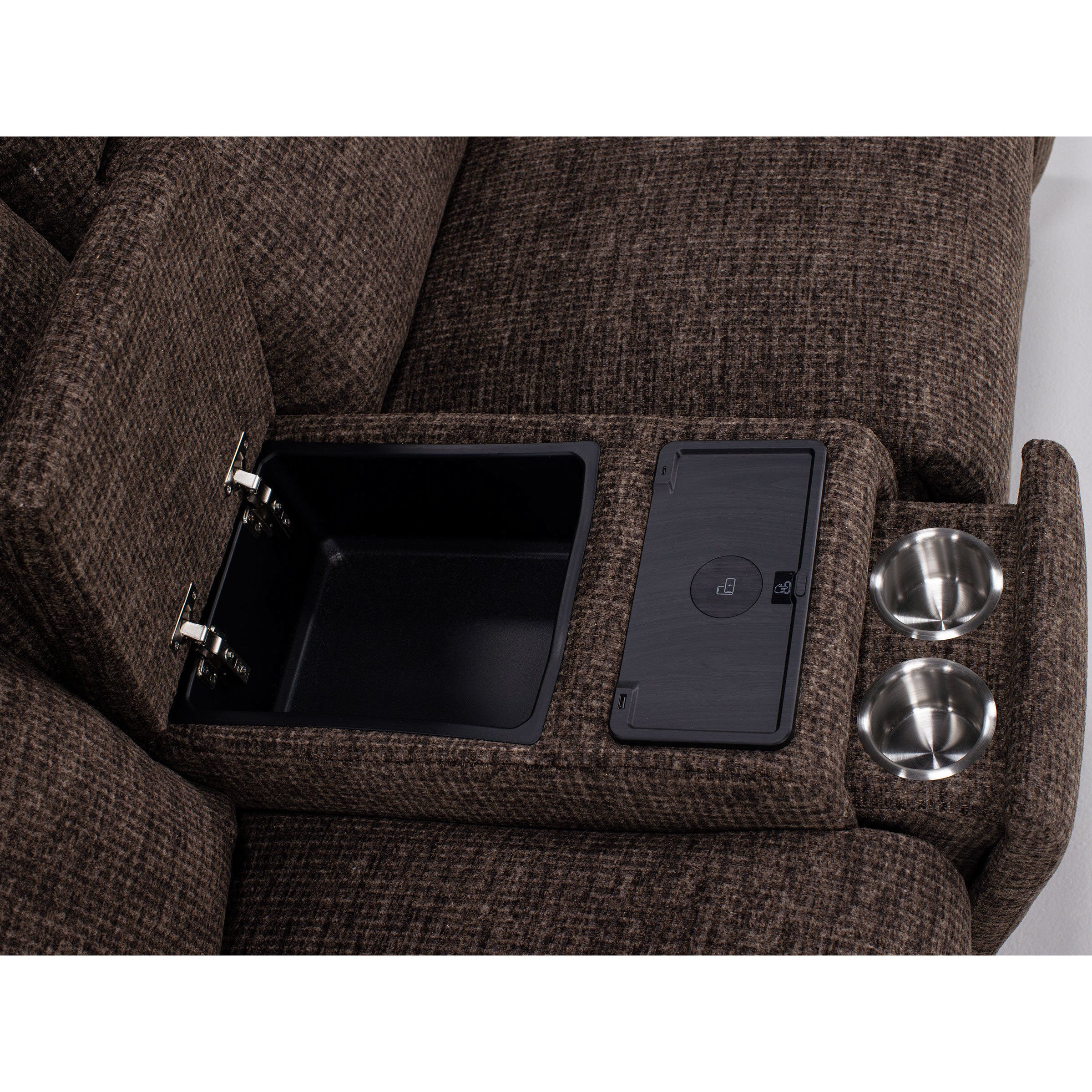 Brown fabric sofa console with open storage, cup holders, and charging port.