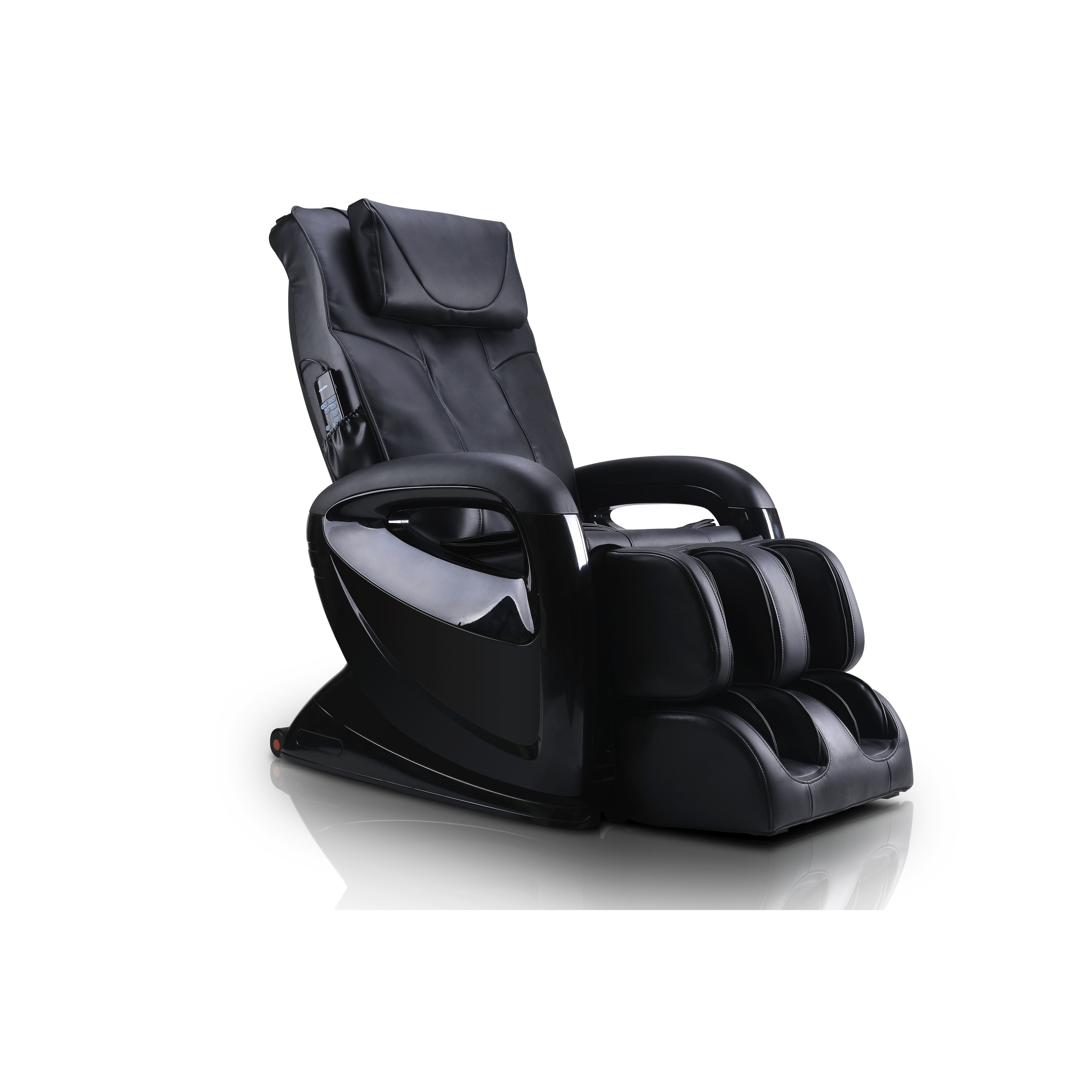 Black massage chair with arm and leg supports on a white background.