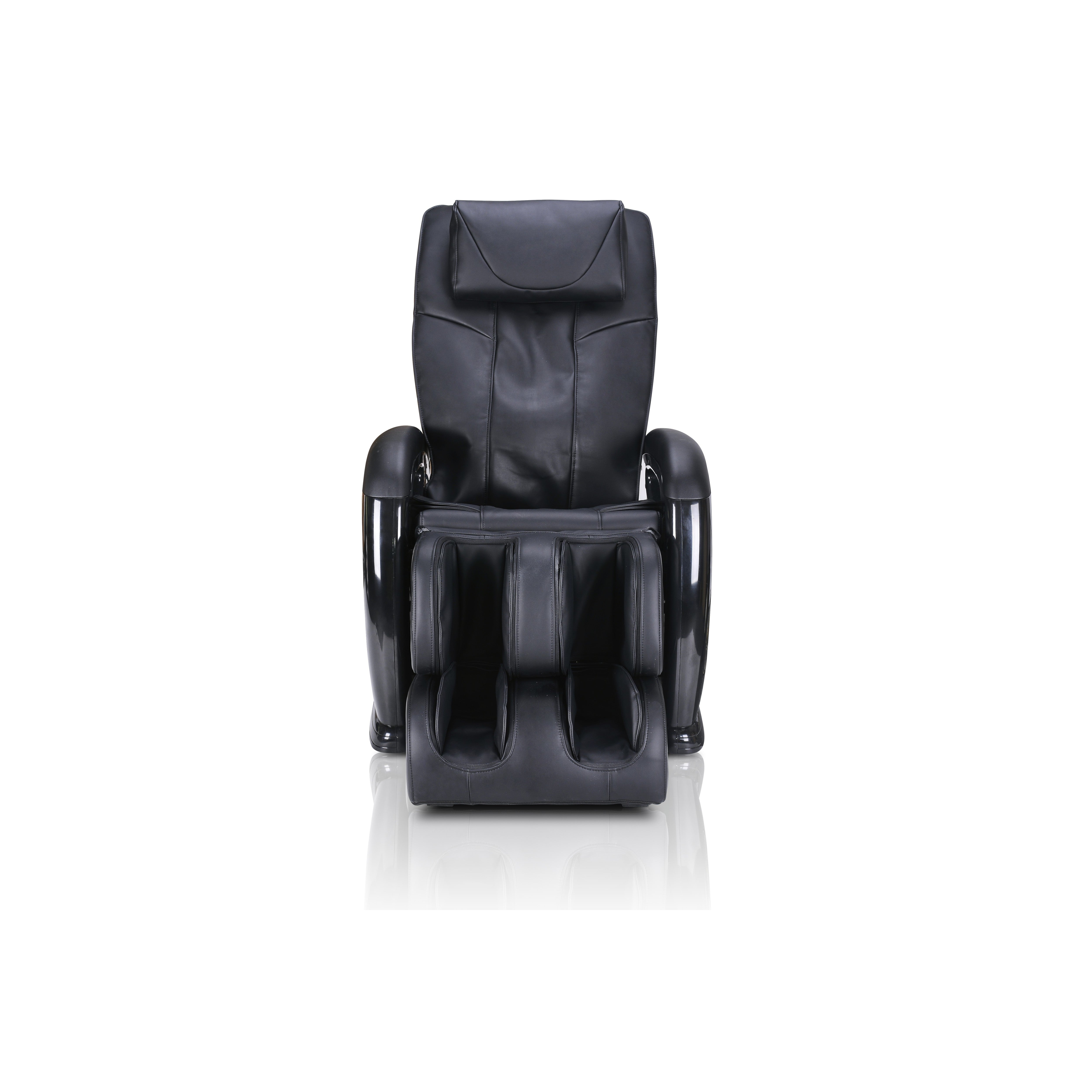 Black leather massage chair, front view, designed for comfort and relaxation.