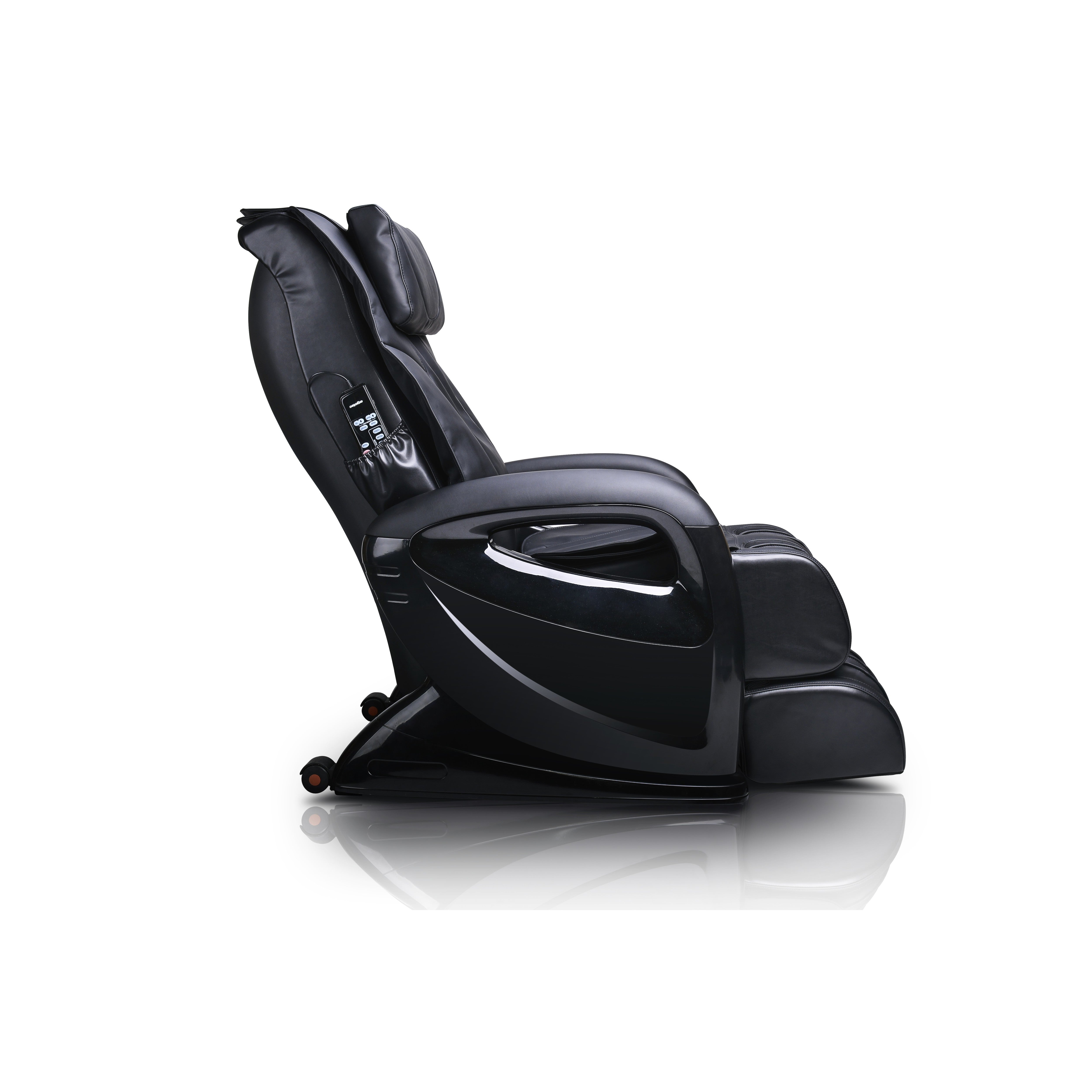 Side view of a black massage chair with visible control panel on armrest.