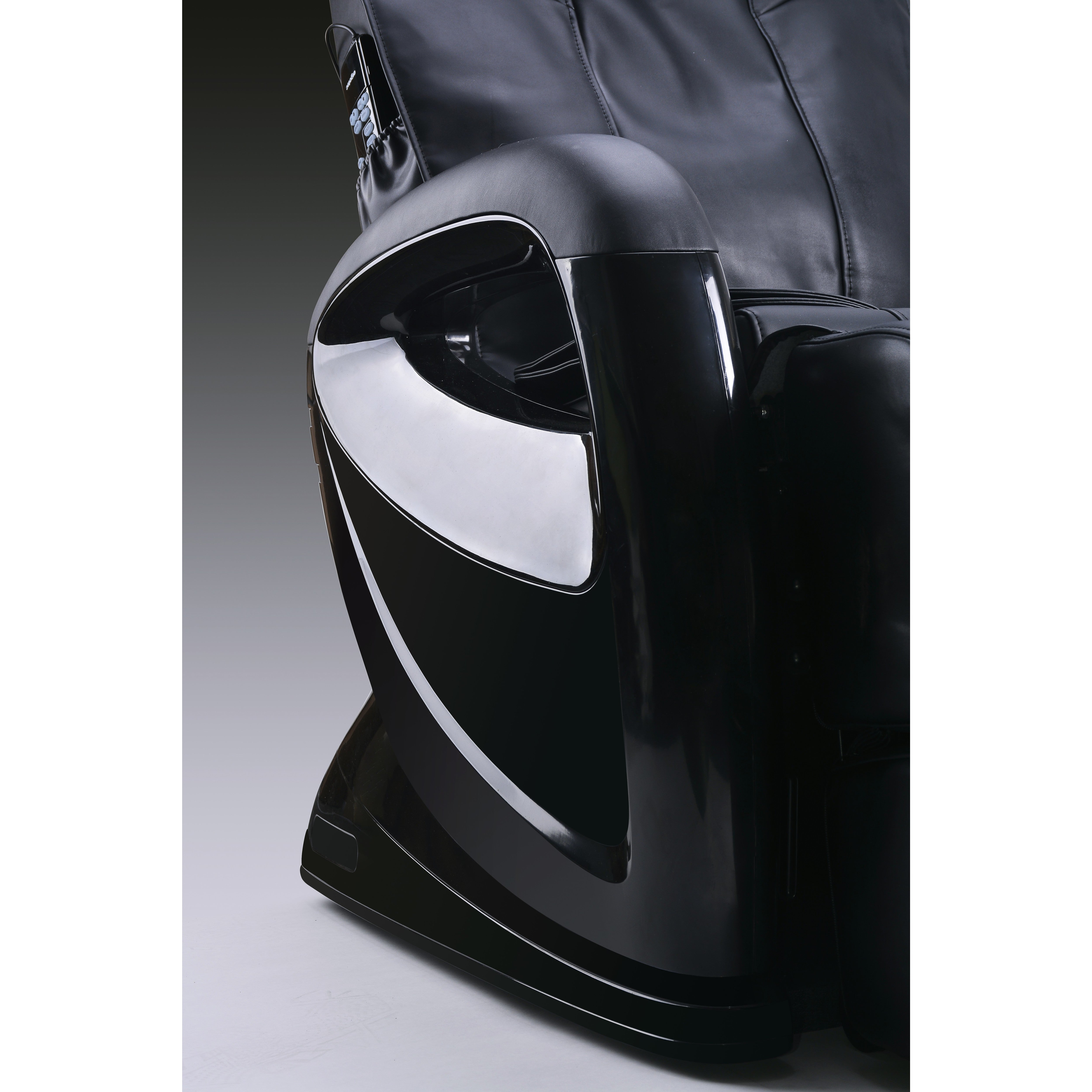 Close-up of a sleek black massage chair armrest with chrome details.