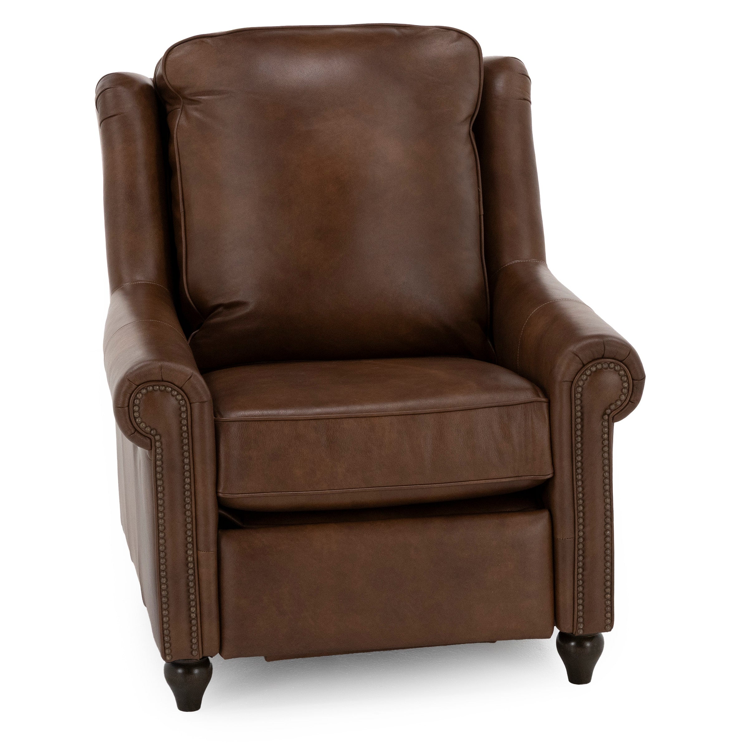 Brown leather armchair with rolled arms and nailhead trim.