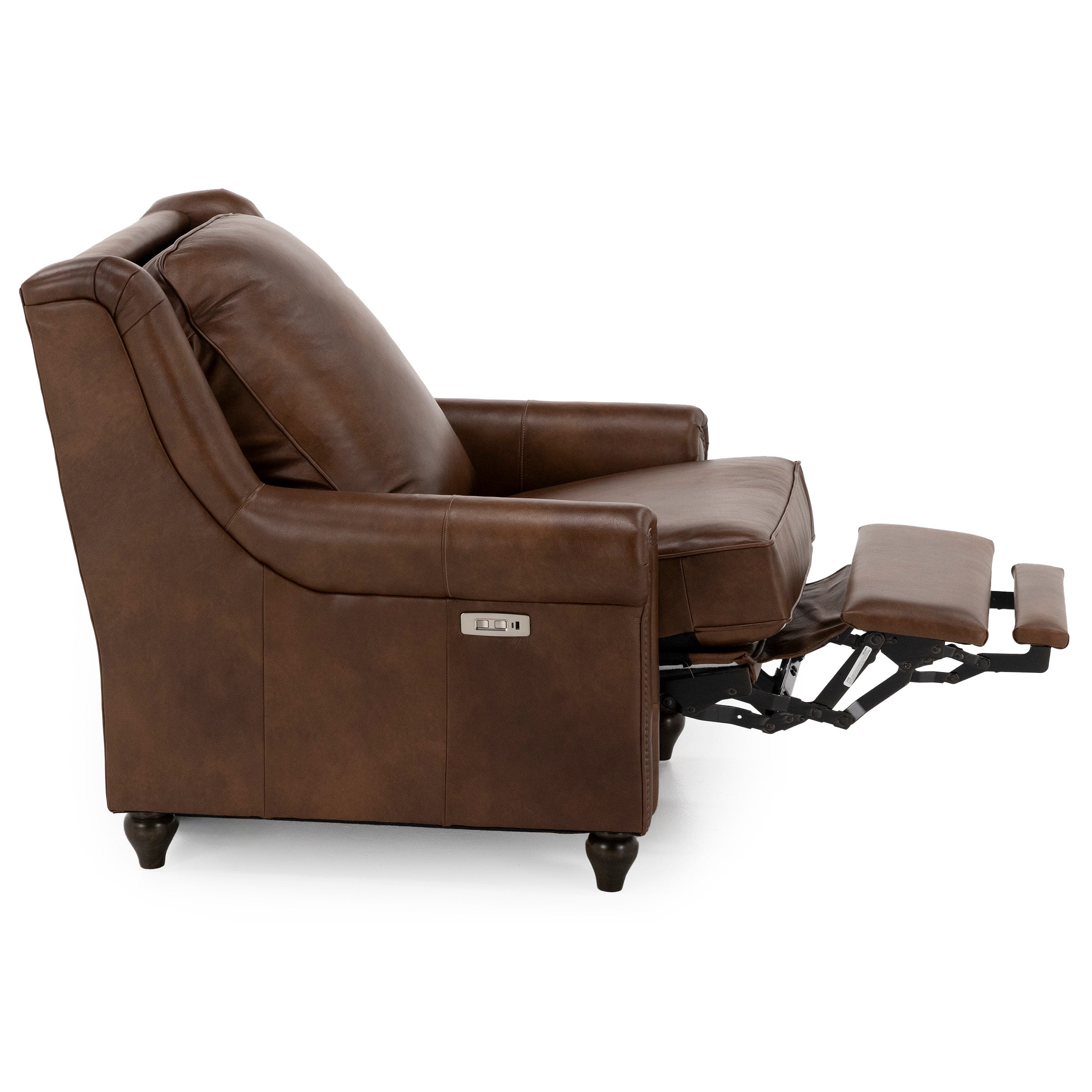 Brown leather recliner chair with extended footrest shown from the side.
