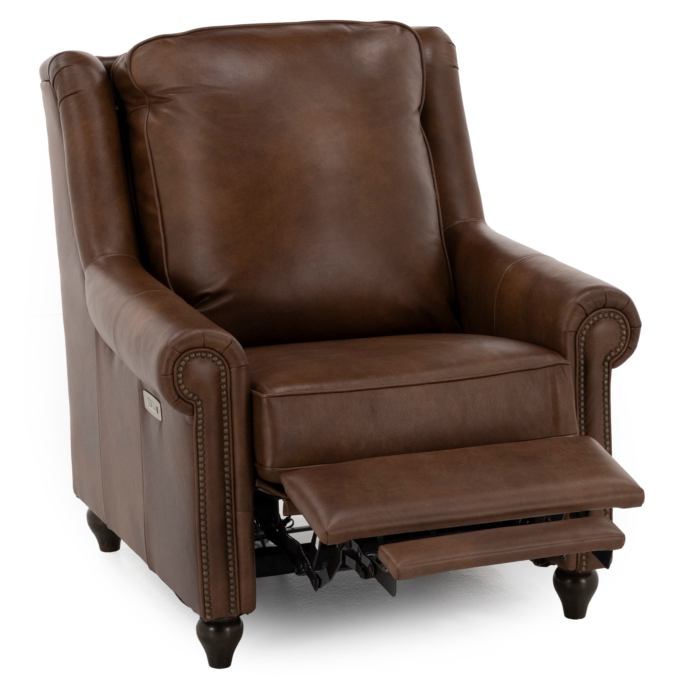 Brown leather recliner chair with extended footrest, suitable for relaxing in living spaces.