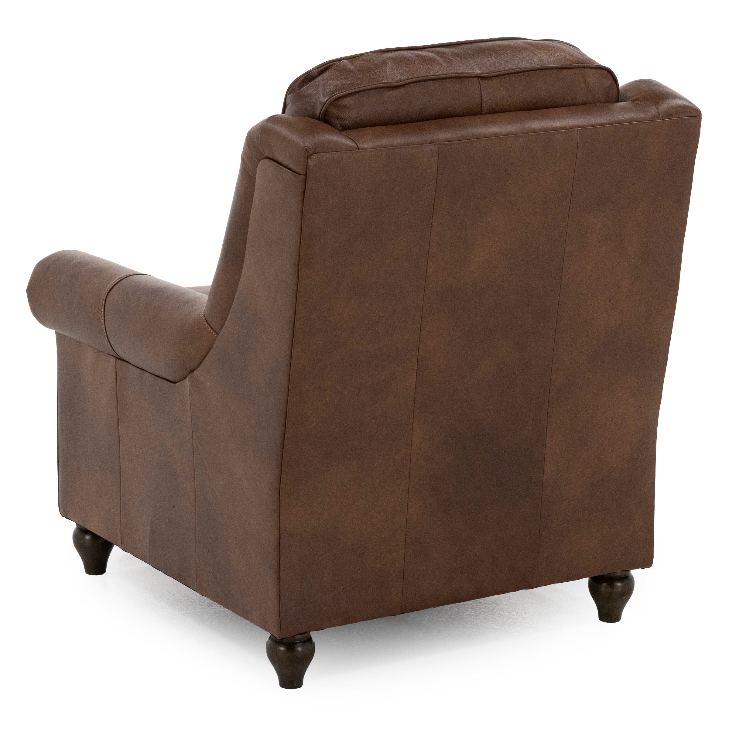 Back view of brown leather armchair with wooden legs.