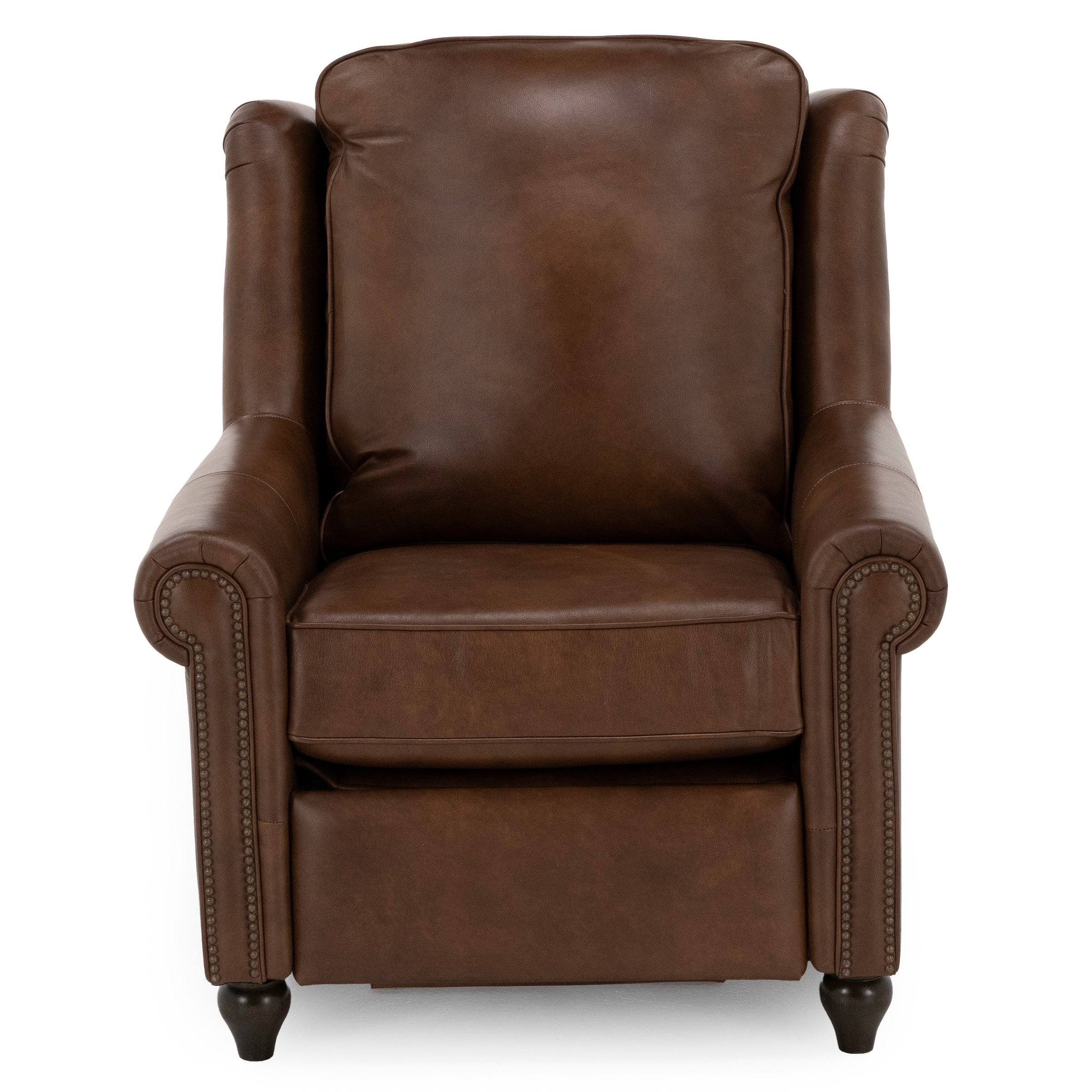 Front view of a brown leather armchair with rolled arms and nailhead trim.
