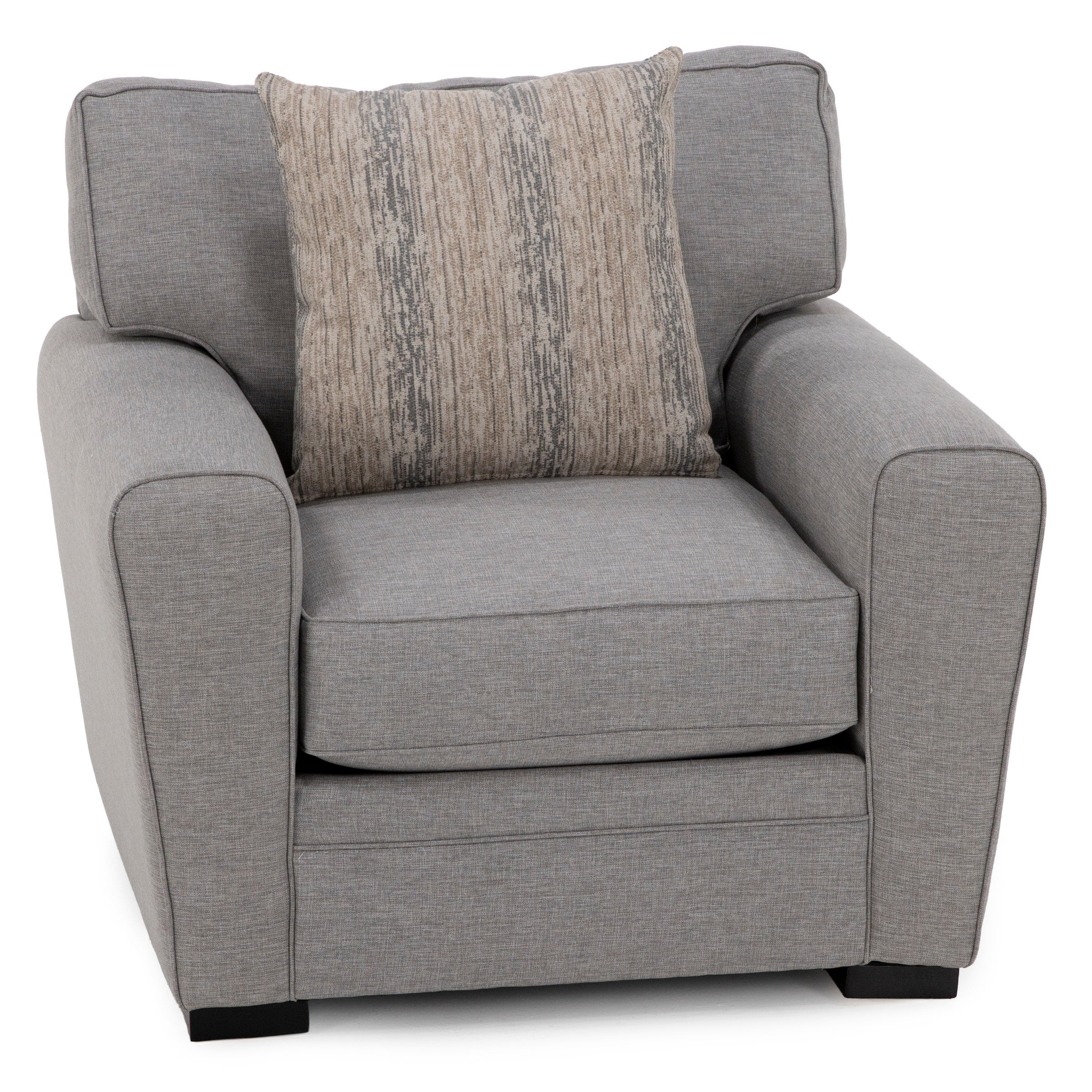 Gray upholstered armchair with a patterned accent pillow.