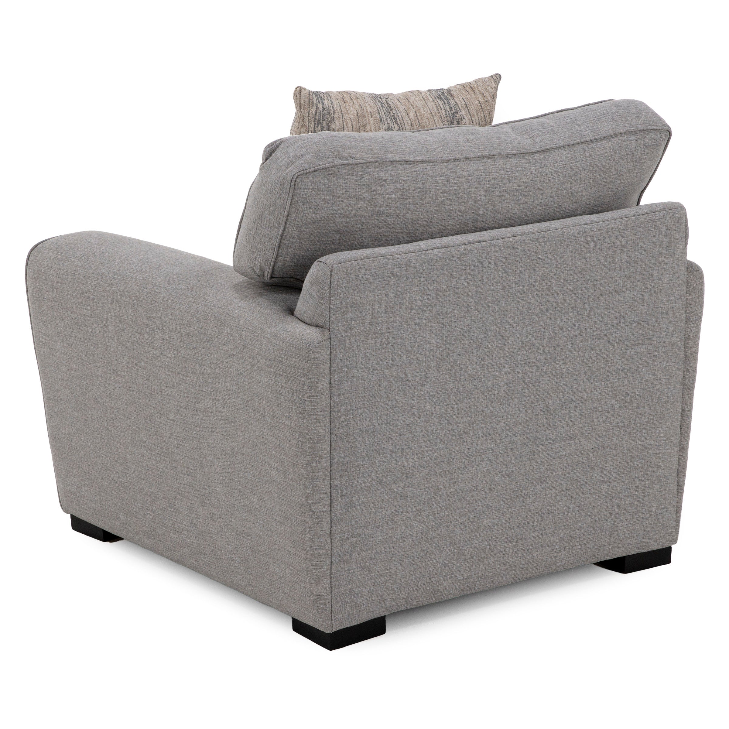 Back view of a modern gray armchair with a cushion.