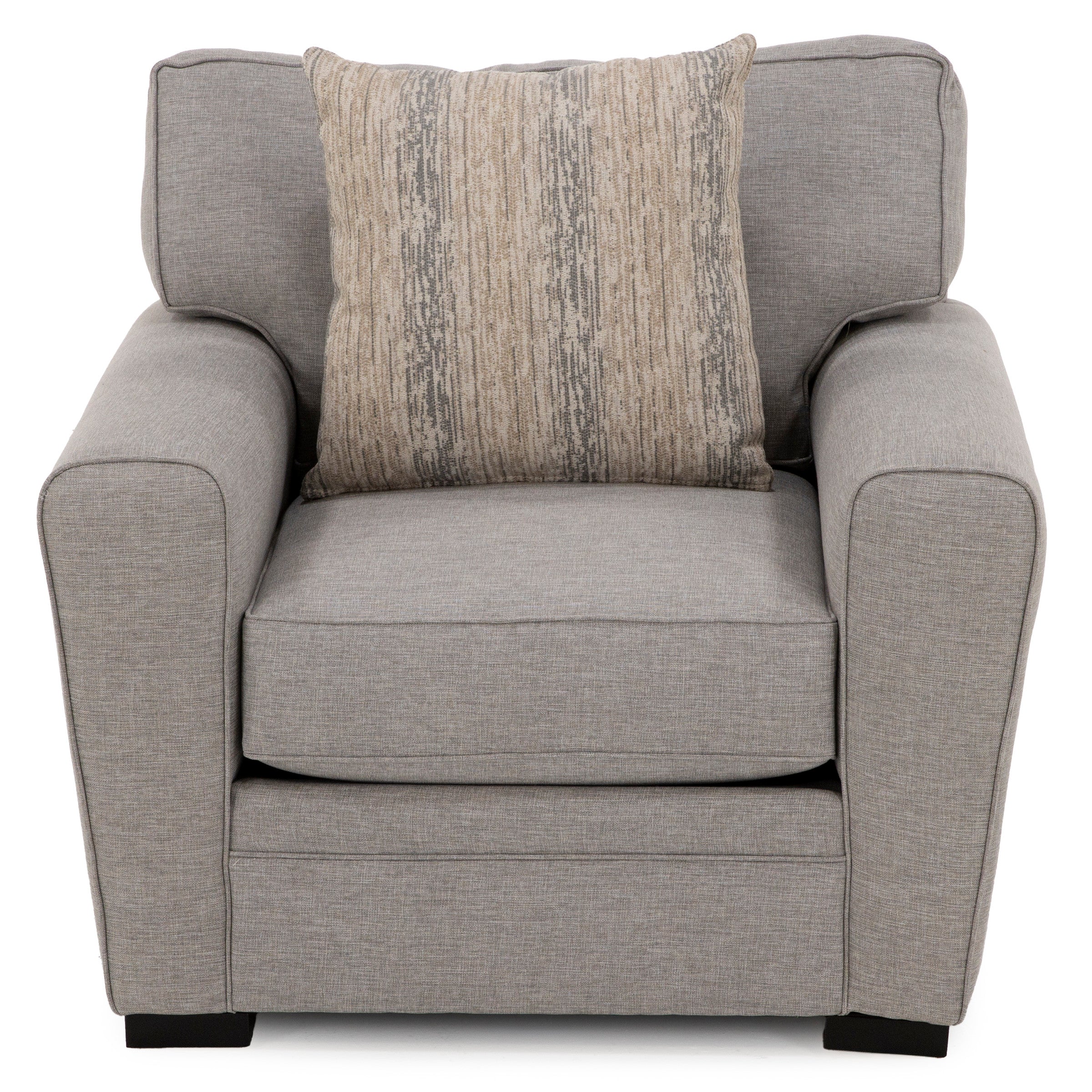 Gray upholstered armchair with wide arms and a patterned accent pillow.