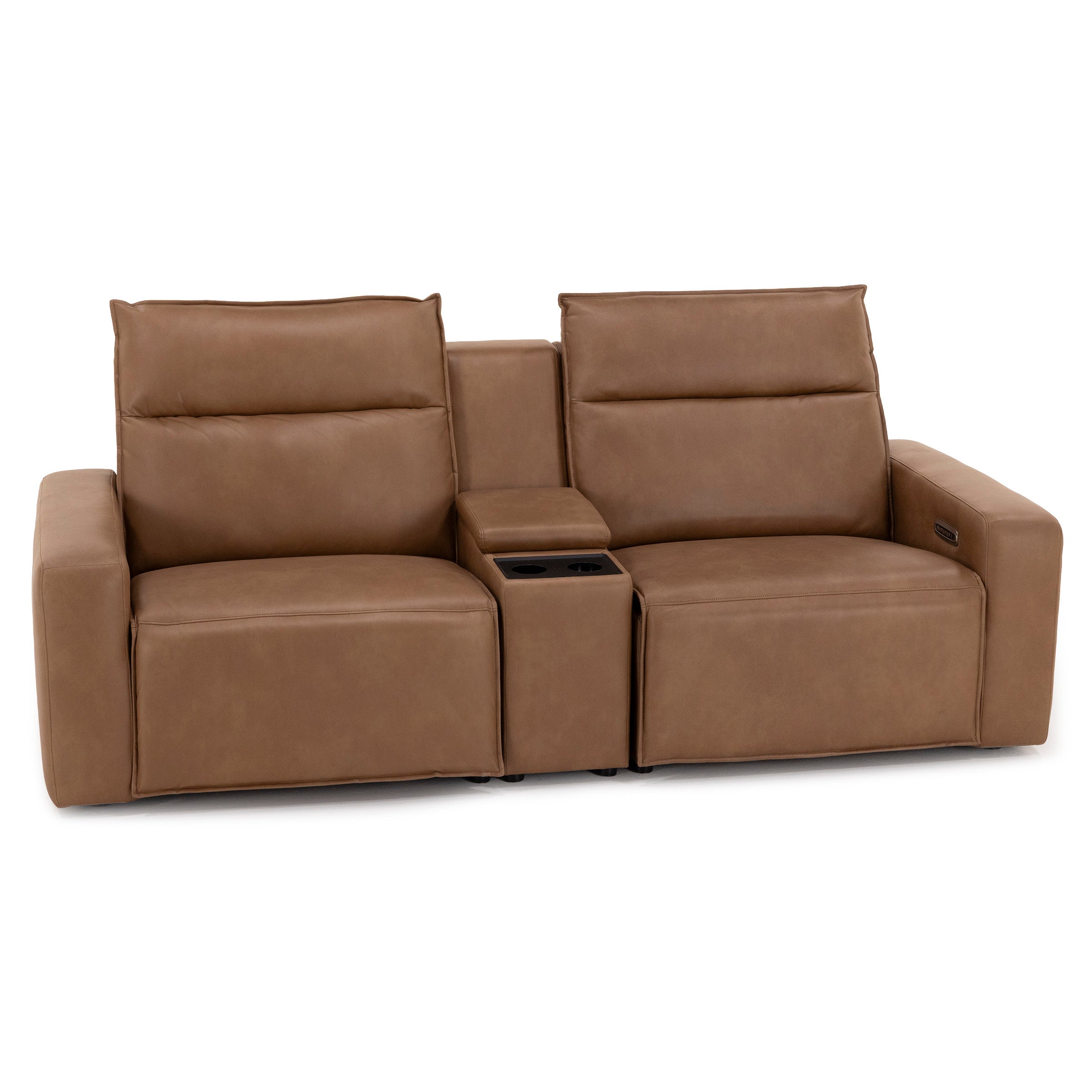 Brown leather loveseat with high backs, wide arms, and center console with cup holders.