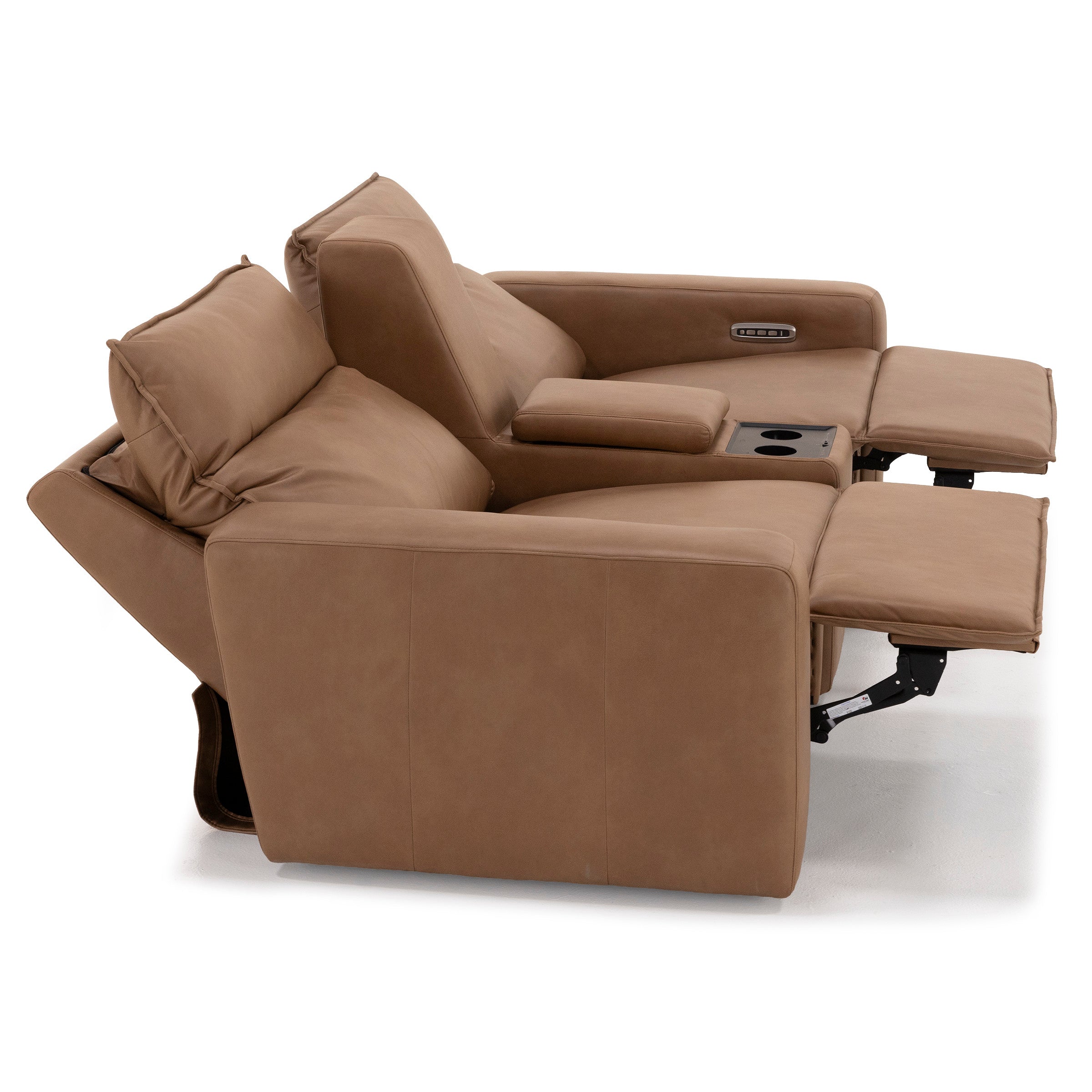 Brown leather reclining loveseat with cup holders and armrest storage, shown extended.