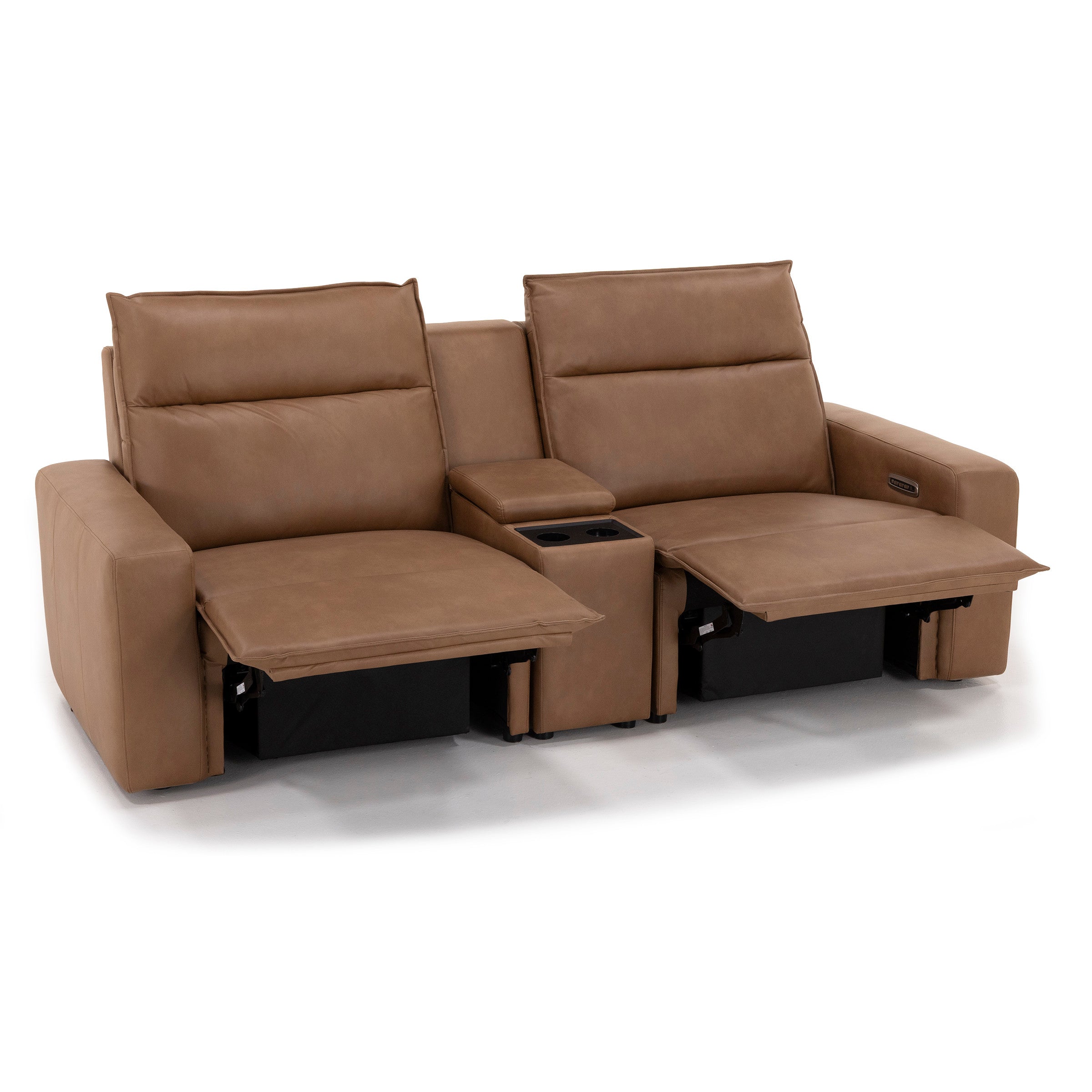 Two-seat brown leather reclining sofa with center console and cupholders.