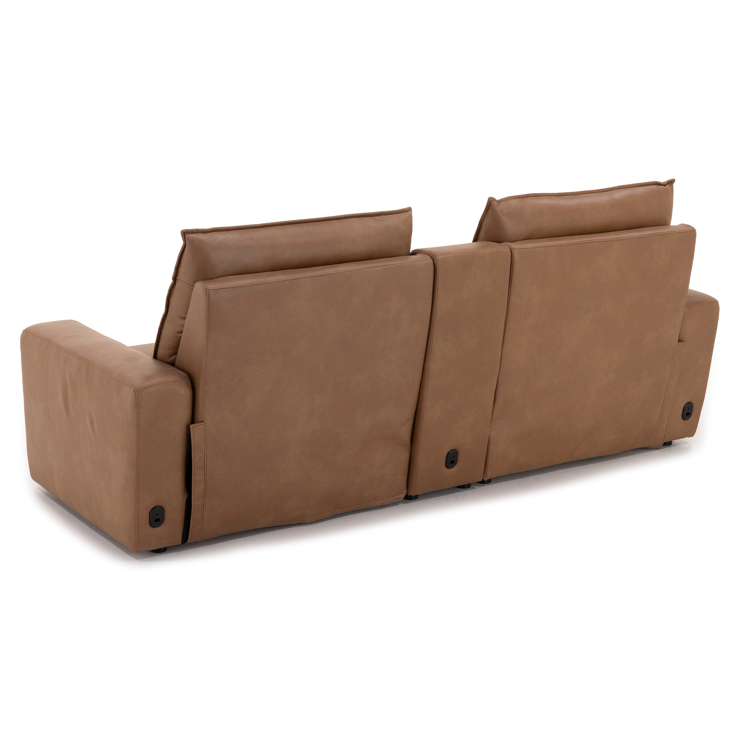 Back view of a brown two-seat reclining sofa with power control buttons.