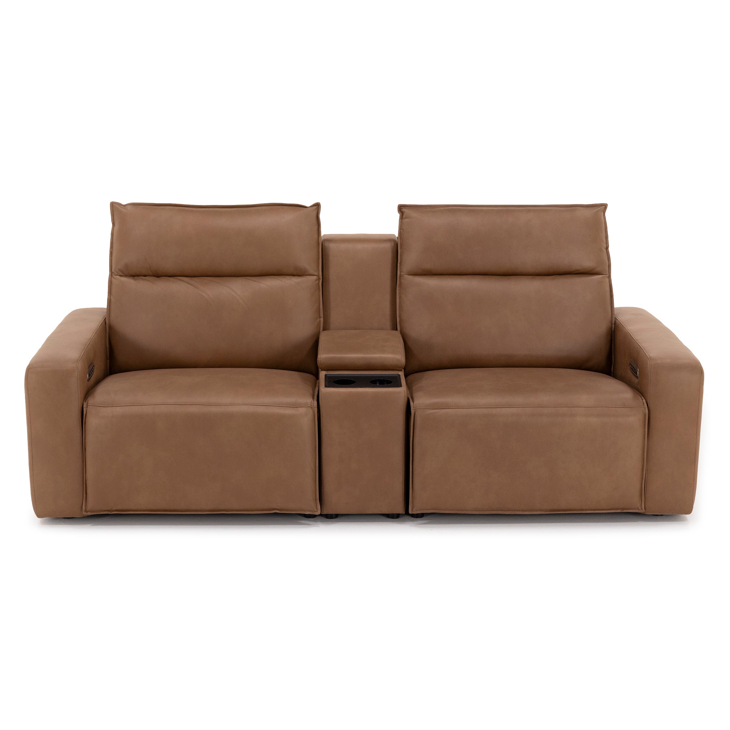 Brown two-seat reclining sofa with center console and cup holders