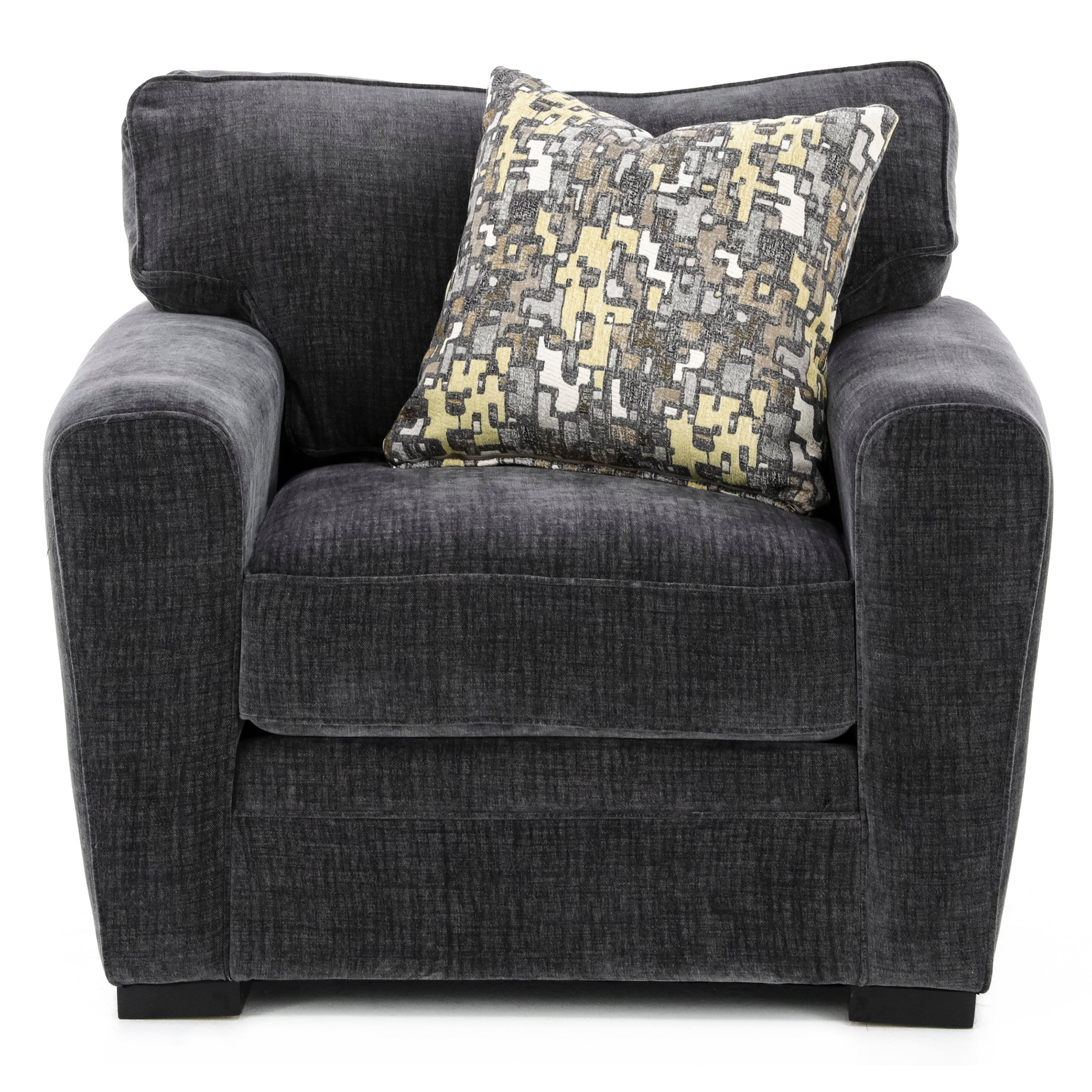 Dark gray armchair with wide arms and a patterned accent pillow.