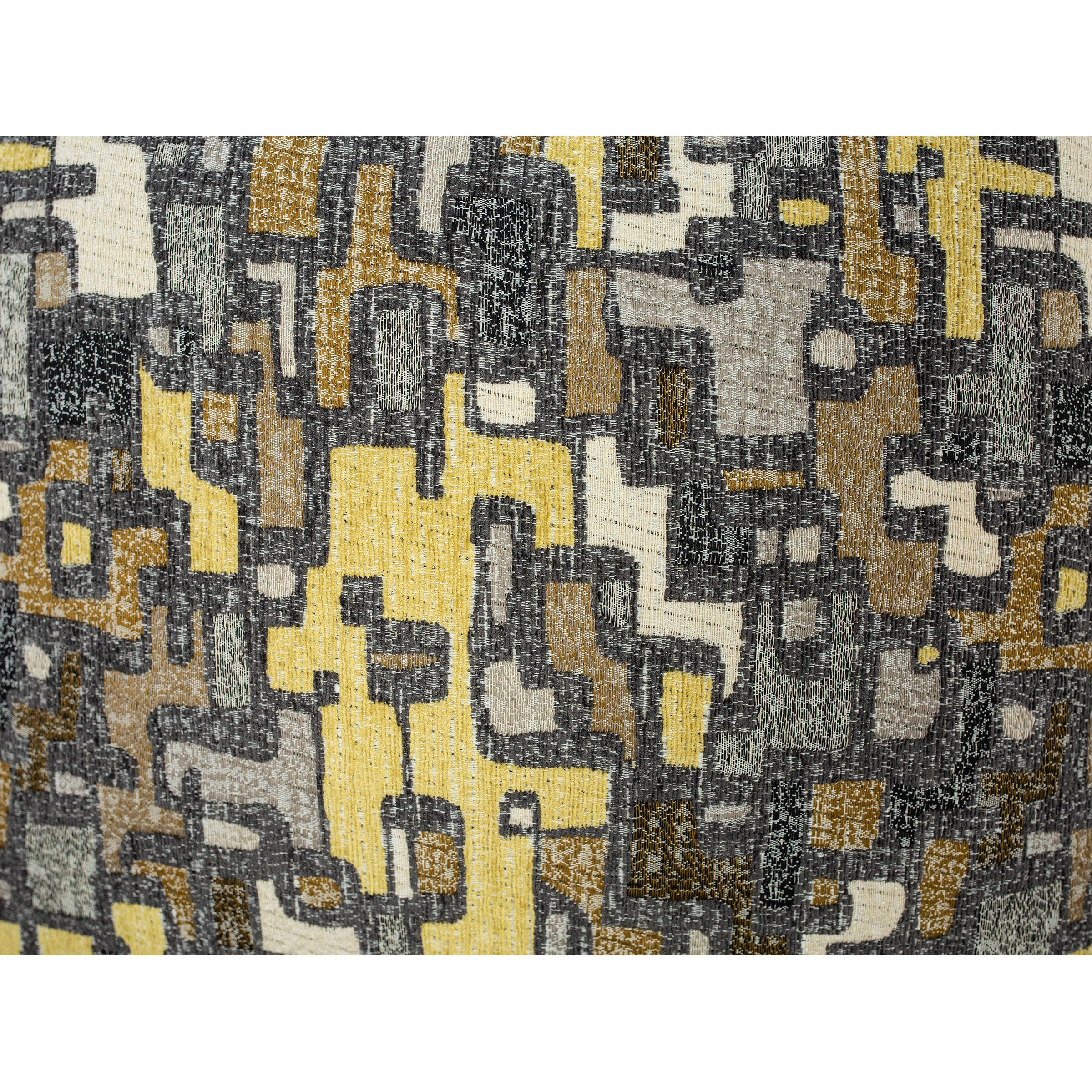 Abstract geometric upholstery pattern in yellow, gray, and beige tones.