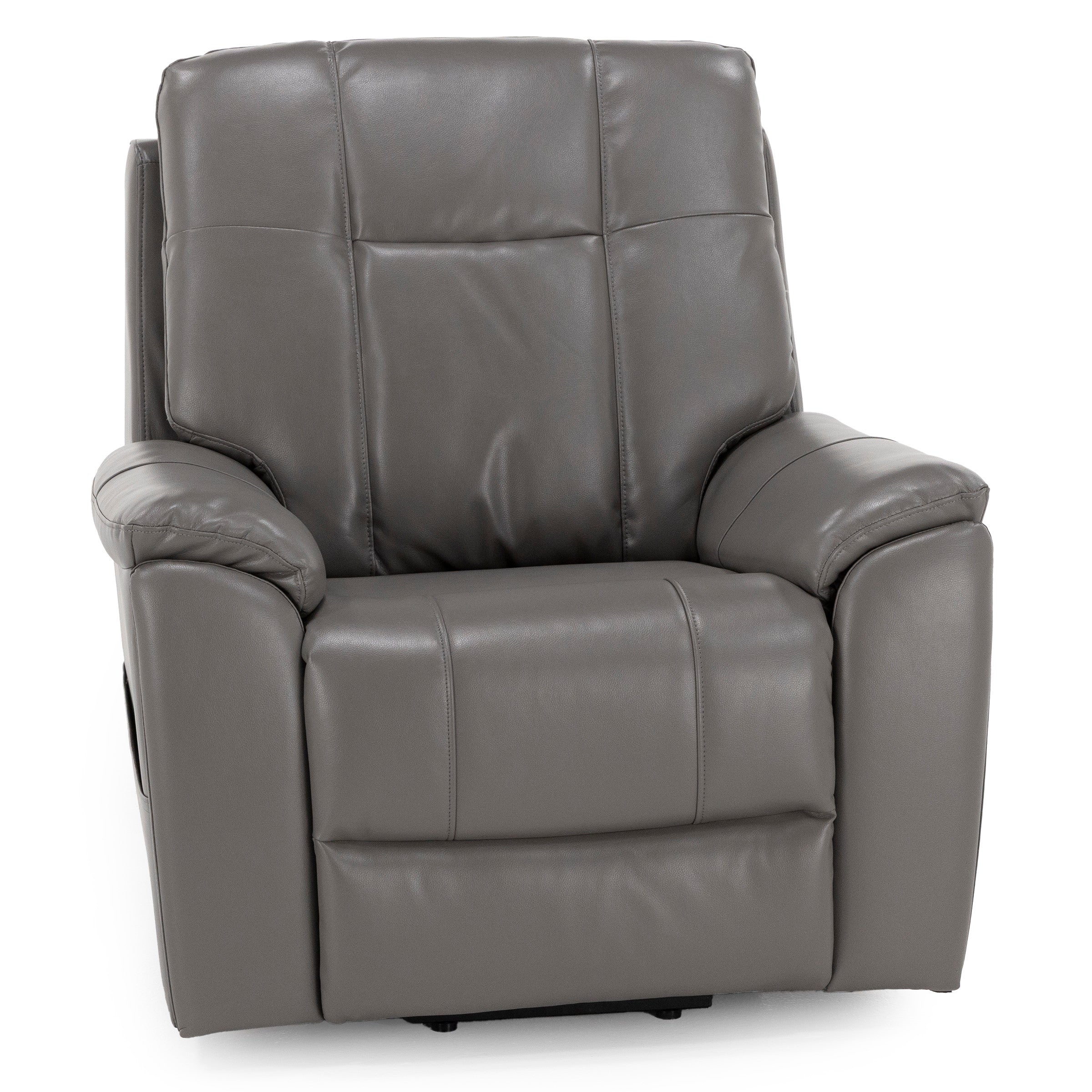Gray leather recliner chair with padded arms and backrest, front view.