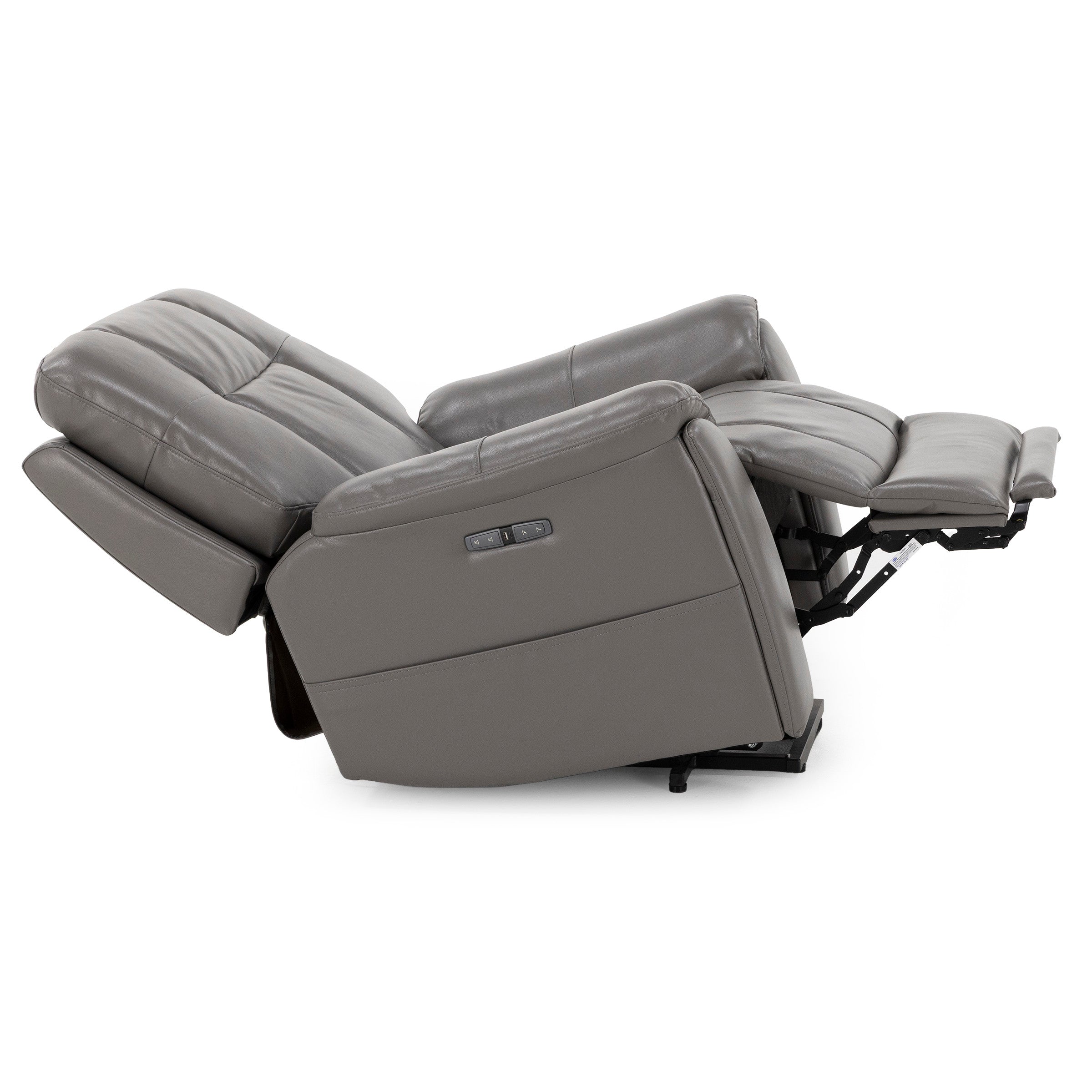 Gray leather reclining chair fully extended with visible side control buttons.