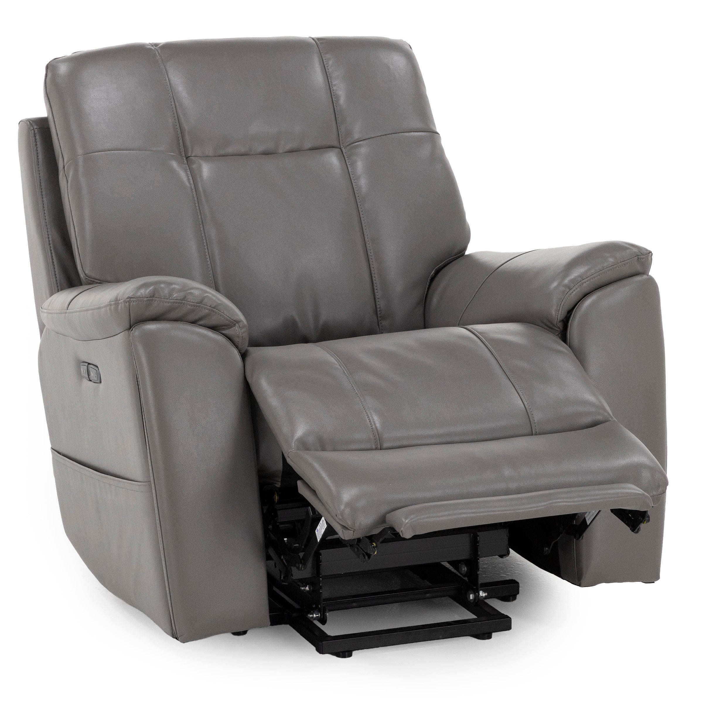 Gray leather recliner chair with extended footrest.