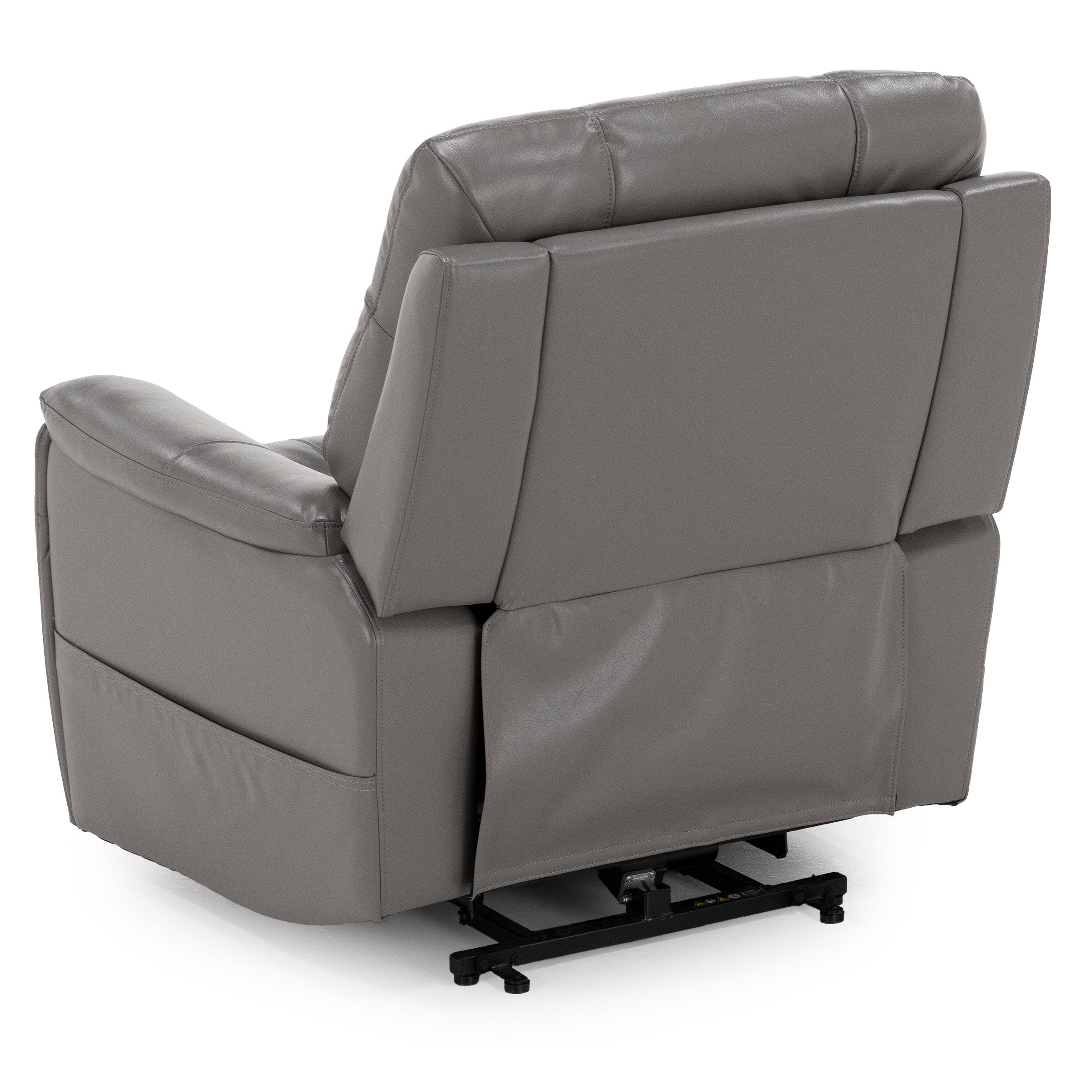 Back view of a gray leather power lift recliner chair.
