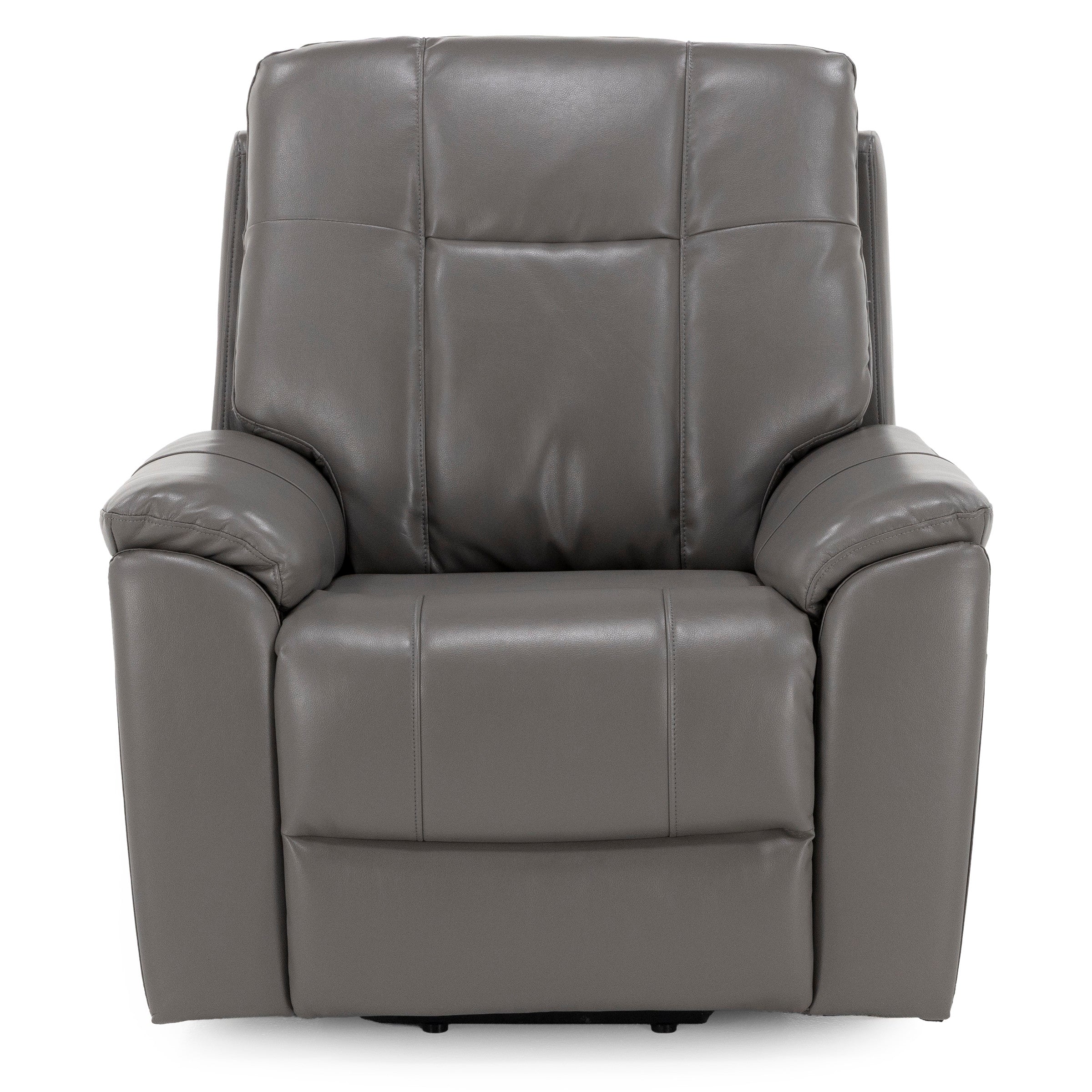 Gray leather armchair with plush cushions and wide armrests, shown from the front.