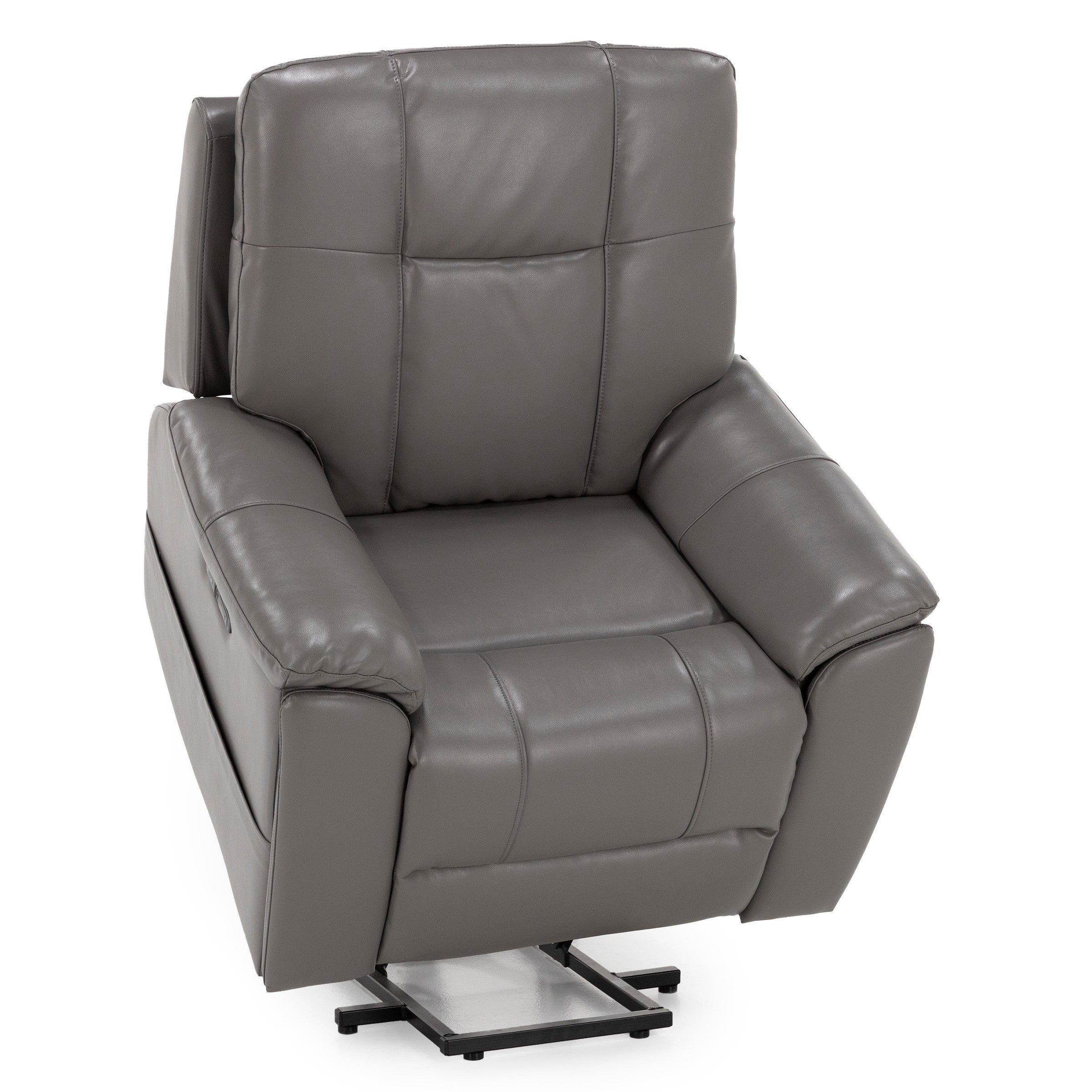 Gray leather power recliner chair with wide arms and padded headrest, shown in upright position.