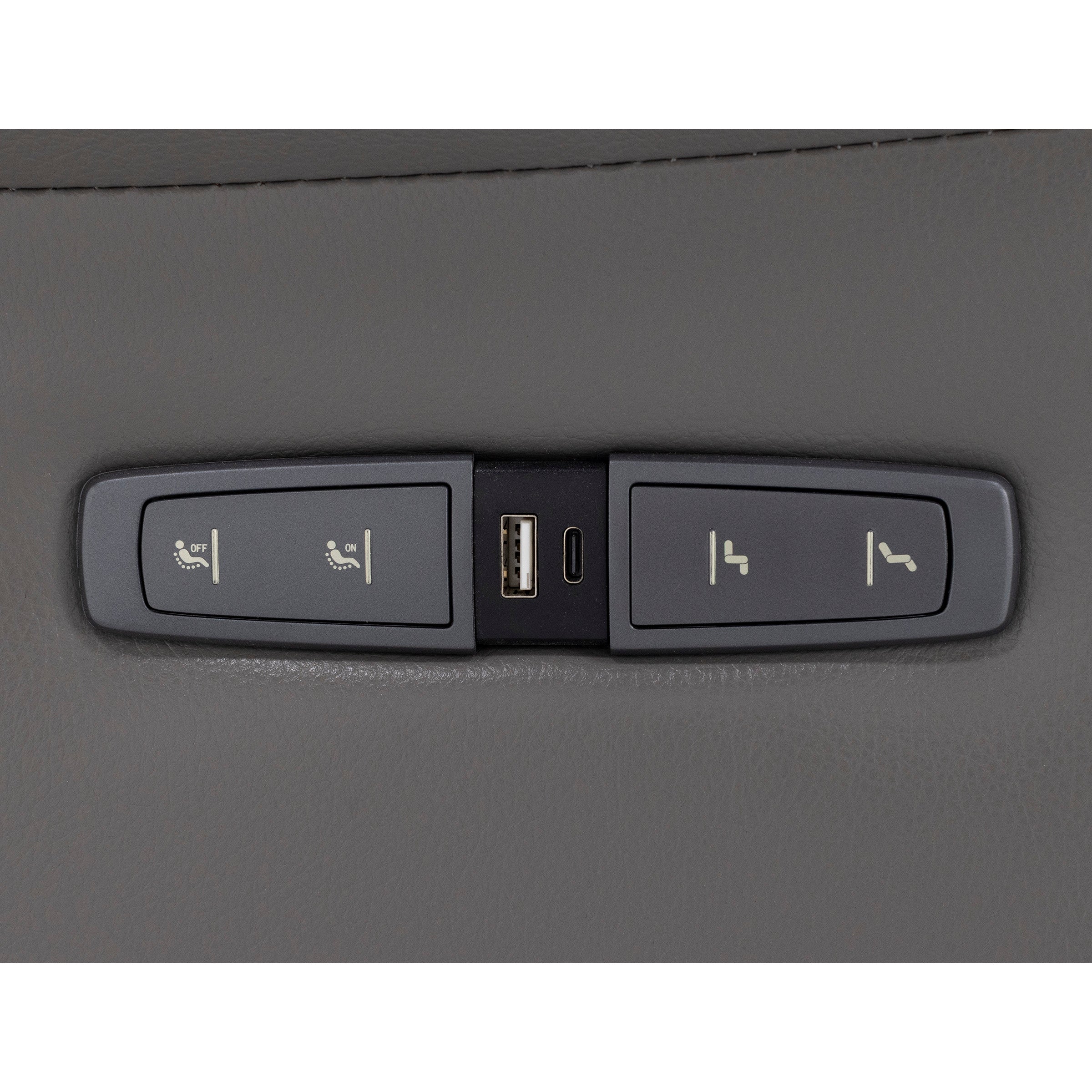 Close-up of car seat controls with USB ports on gray leather.