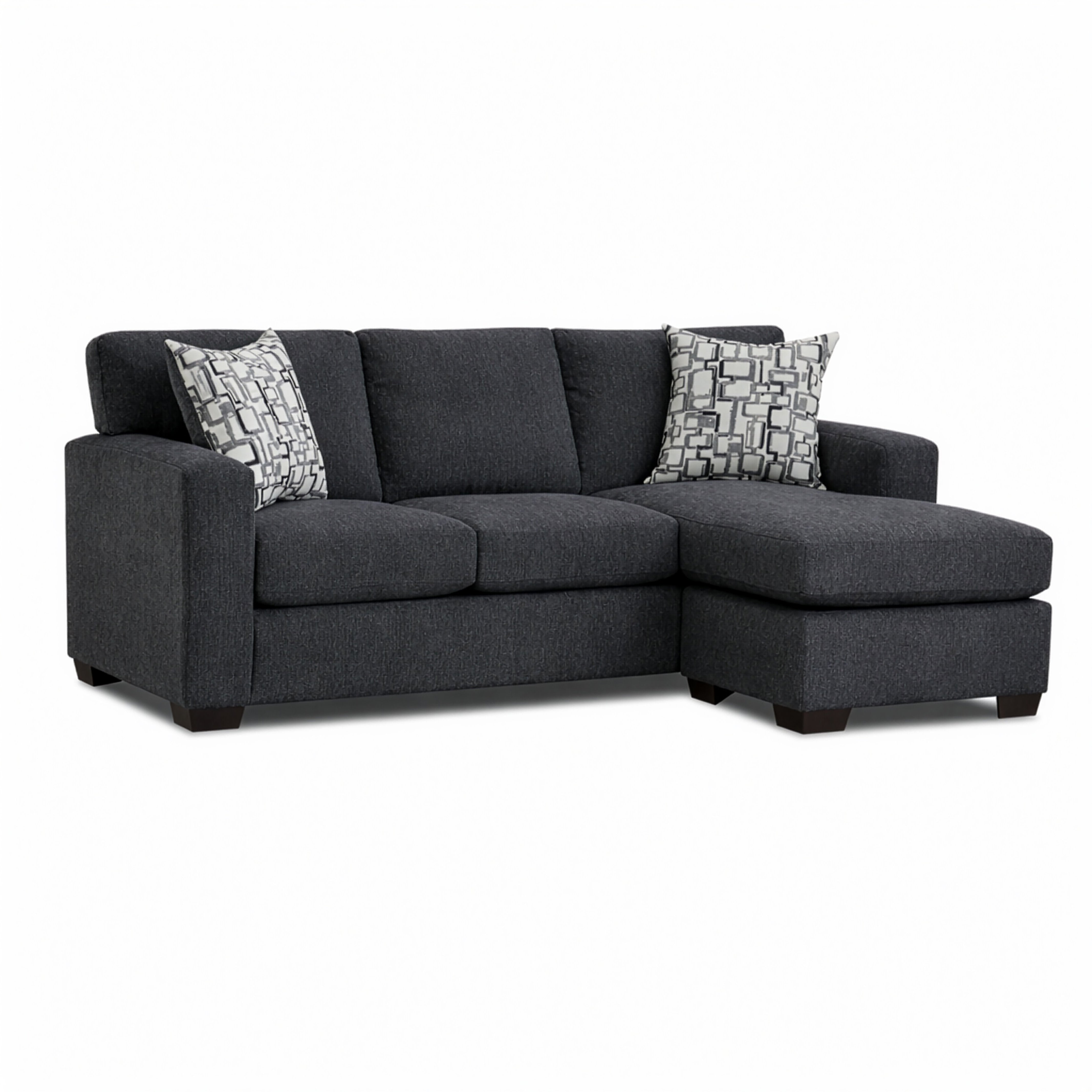 Dark gray sectional sofa with right chaise and two patterned pillows