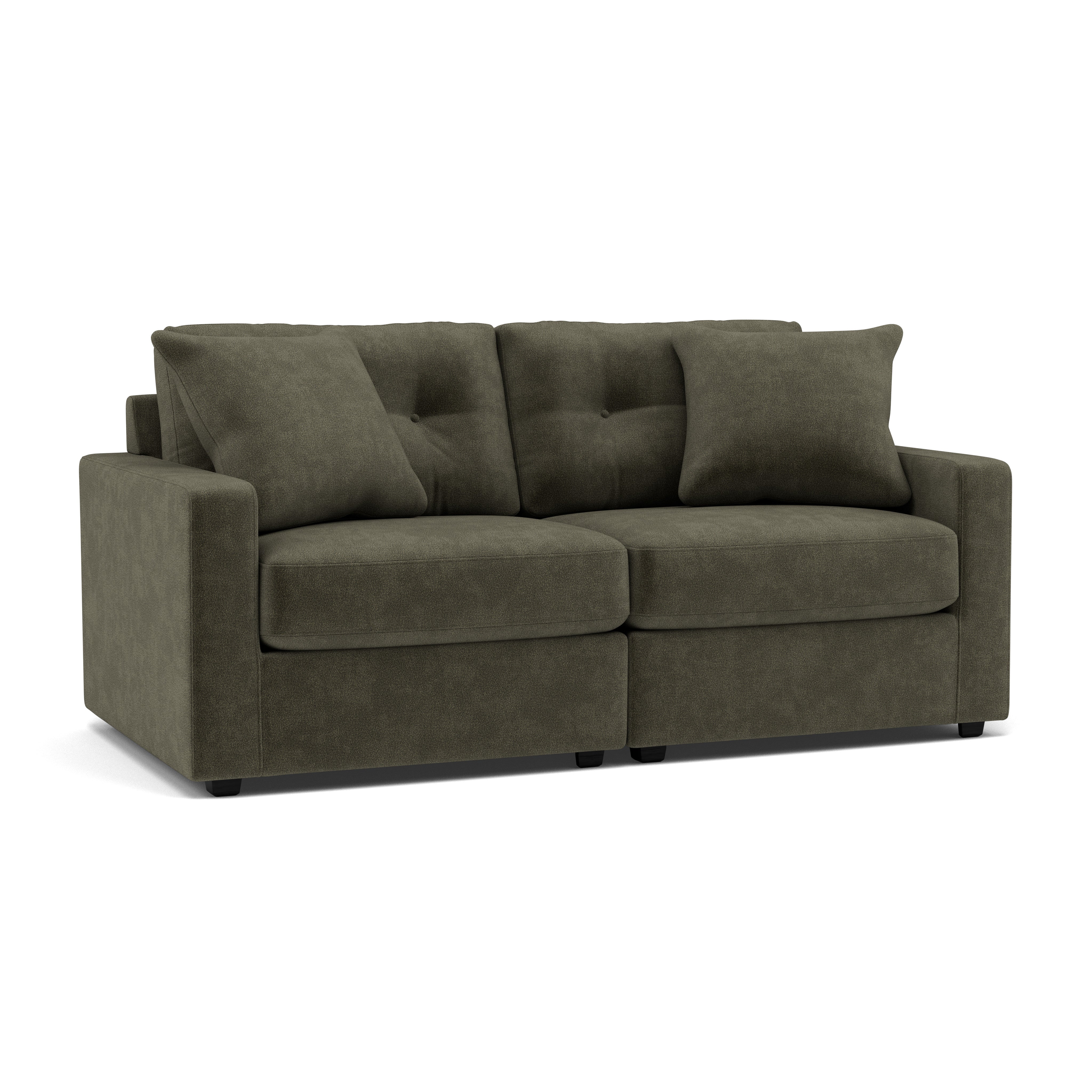 Dark olive green two-seat sofa with square arms and two back cushions.