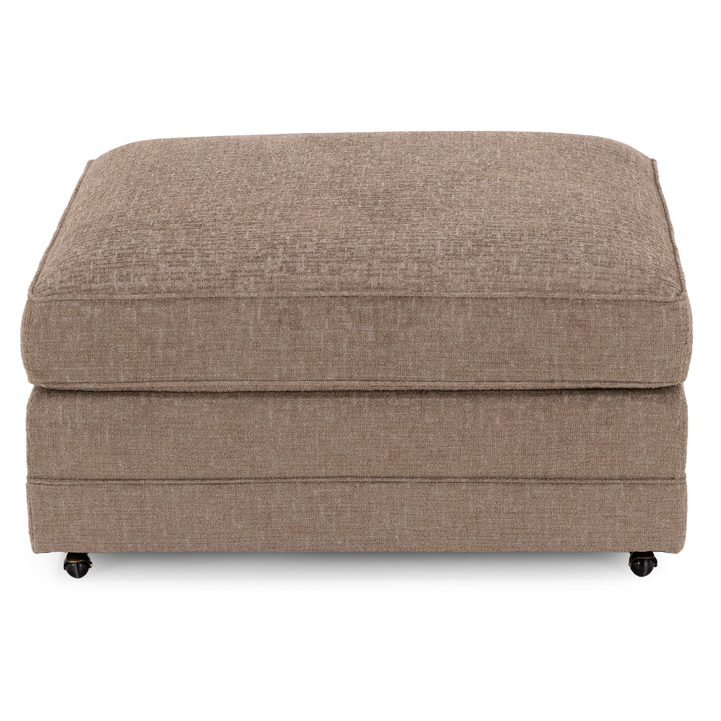 Square taupe ottoman with textured fabric upholstery, viewed from the front.