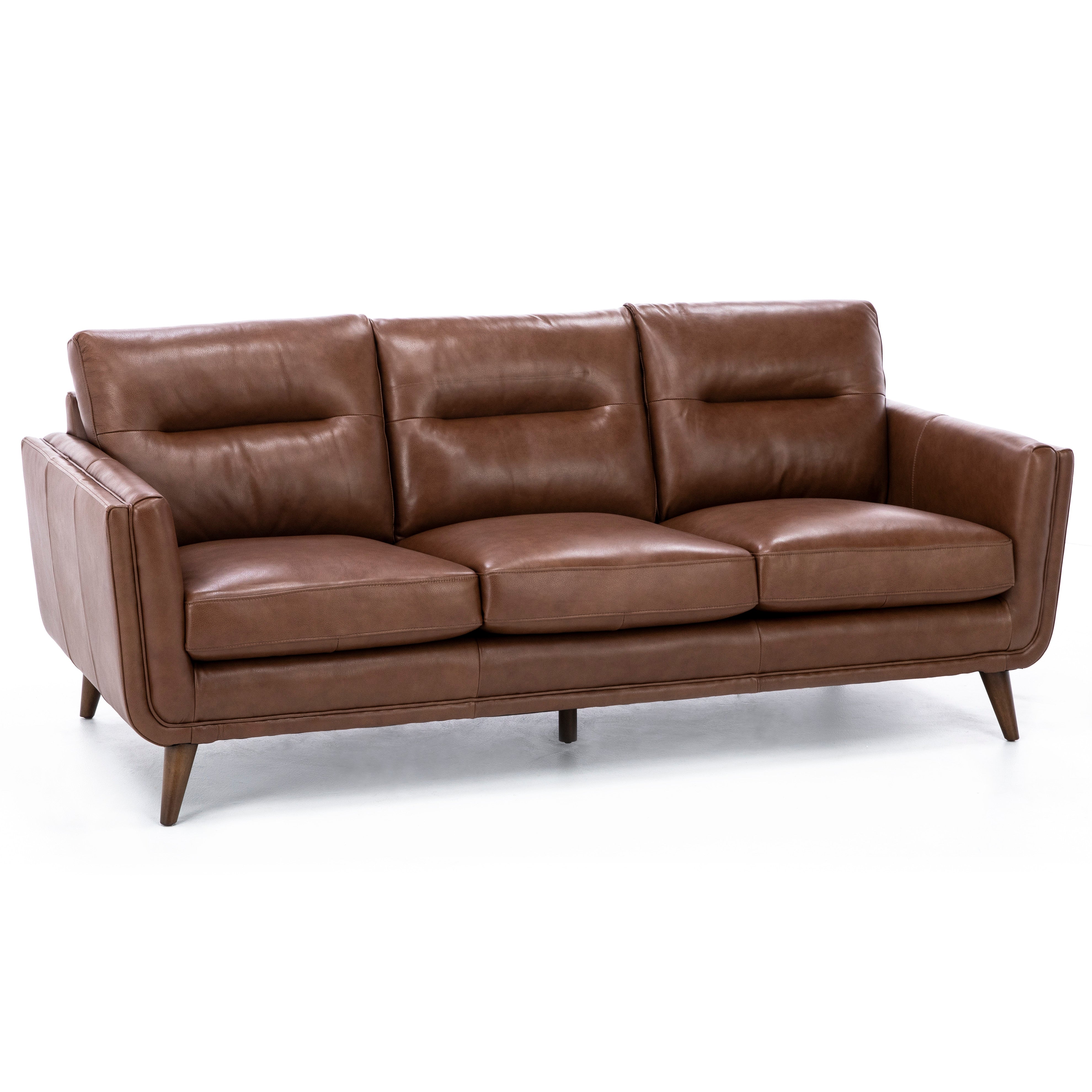 Mid-century modern brown leather sofa with angled wood legs.