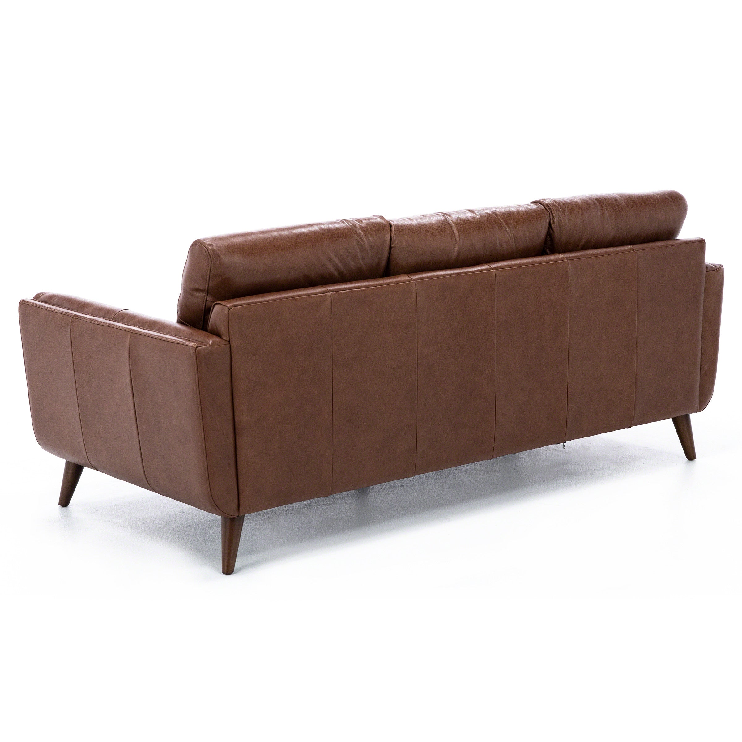 Back view of a brown leather sofa with angled wooden legs.