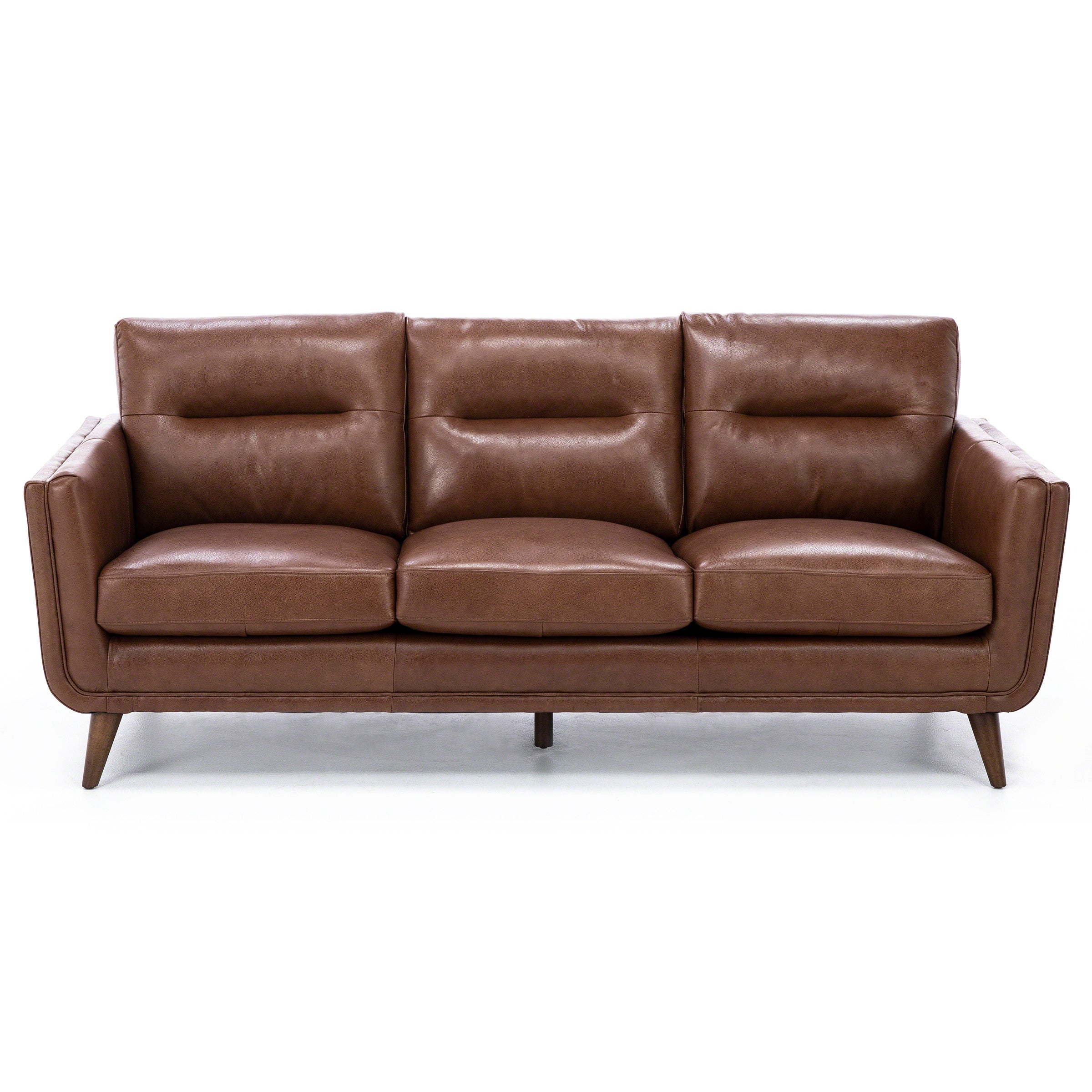 Mid-century modern brown leather sofa with three seat cushions.