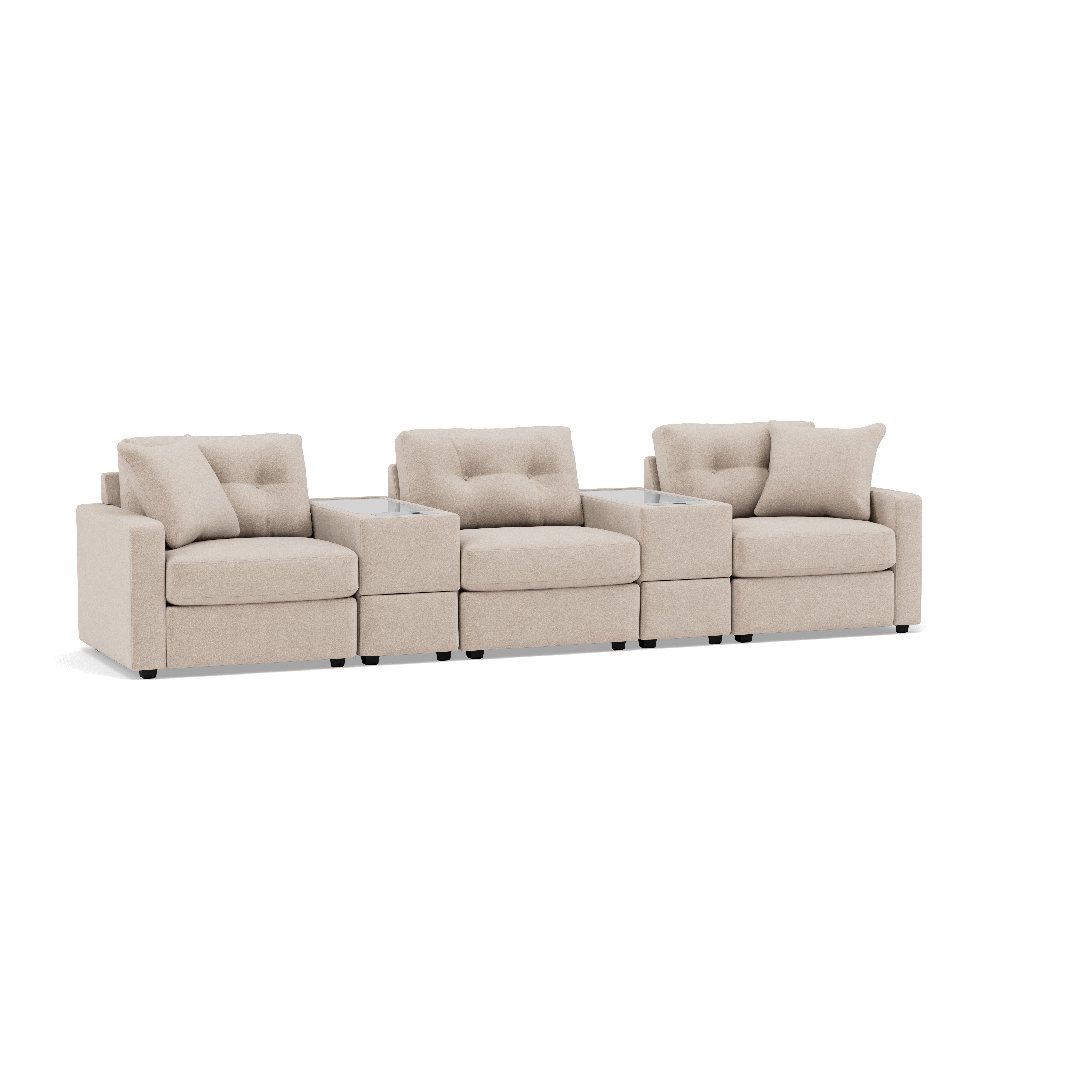 Modern beige modular sofa with three seats and two built-in side tables.