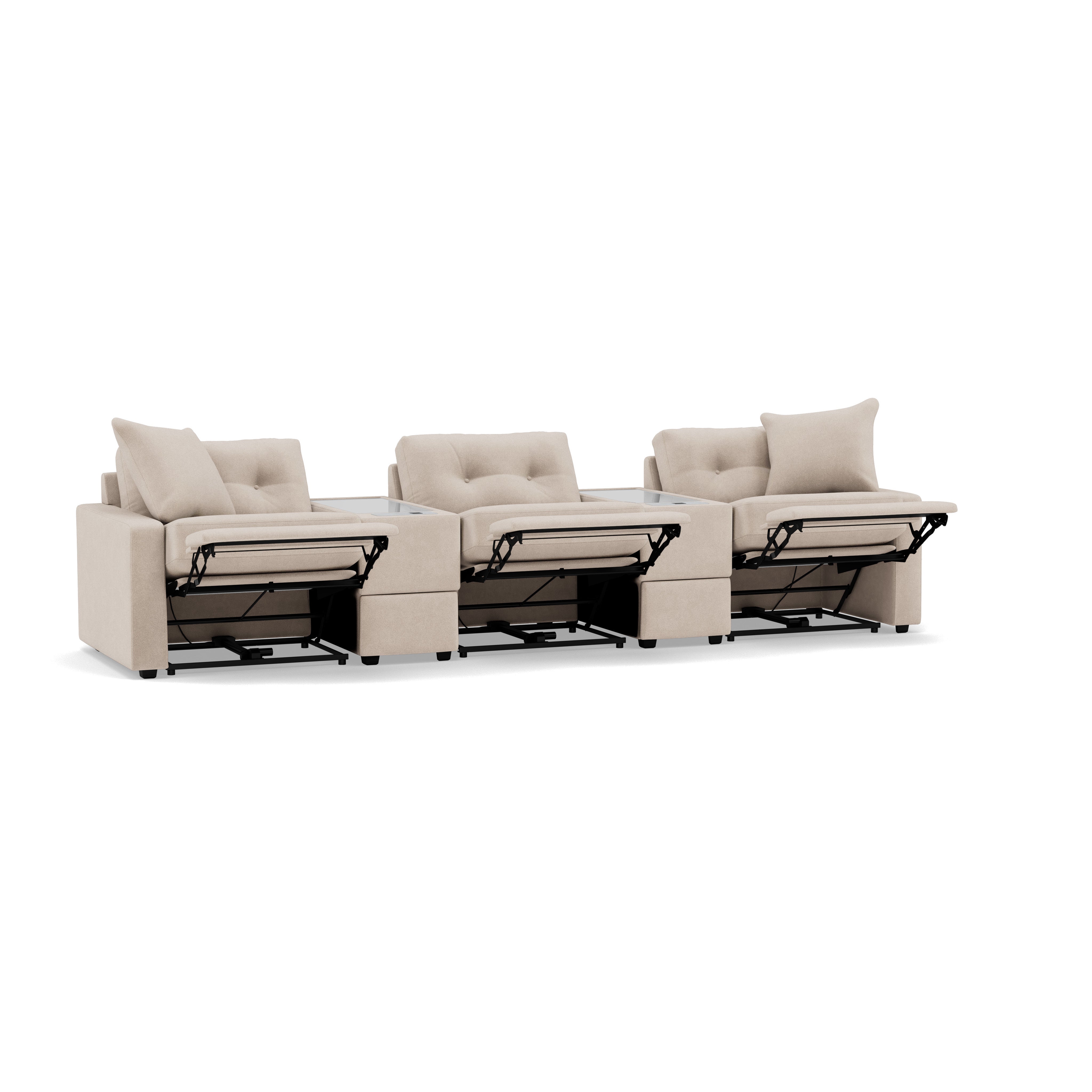 Three-seat beige reclining sofa with raised footrests and two built-in tray tables.