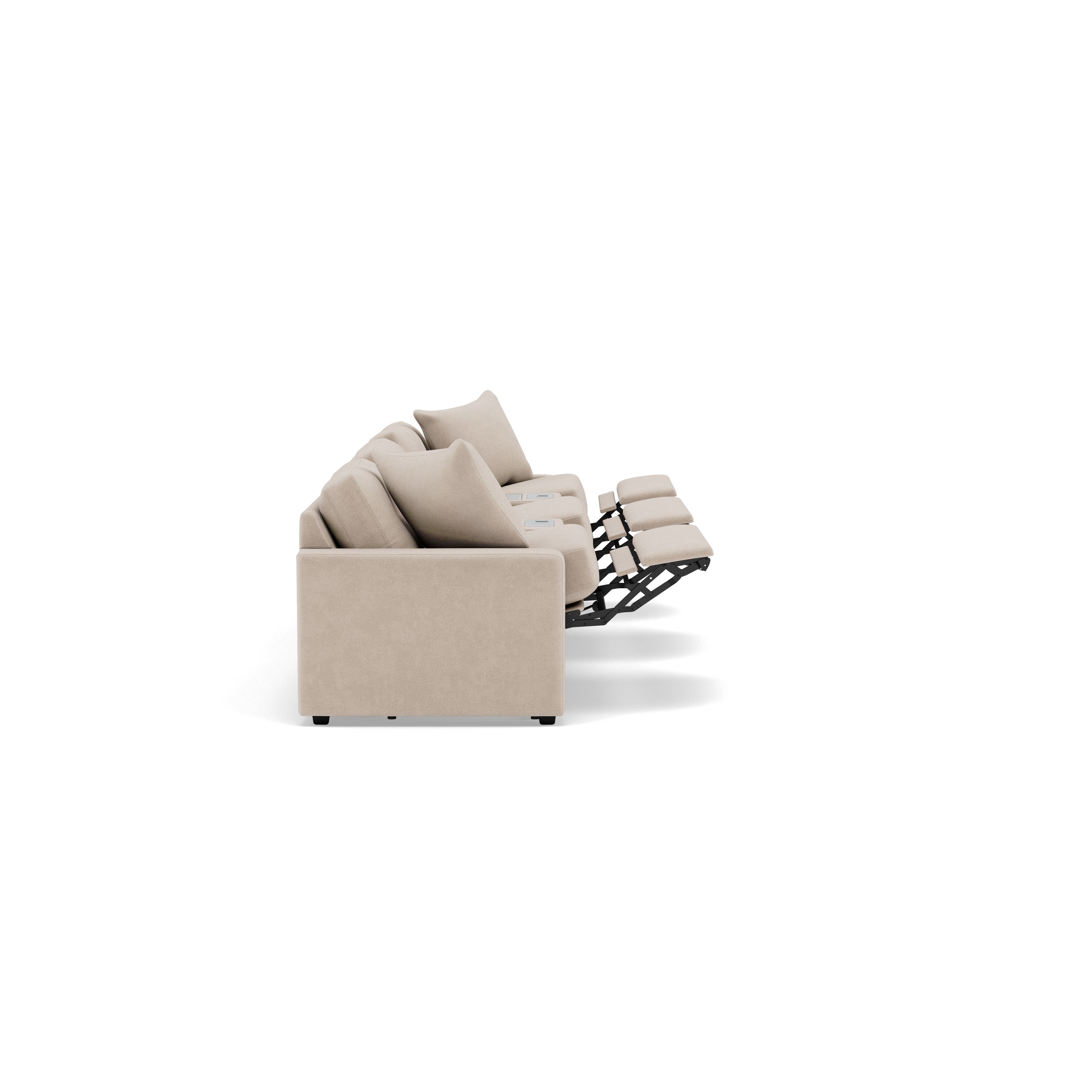 Side view of a beige reclining sofa with extended footrests.