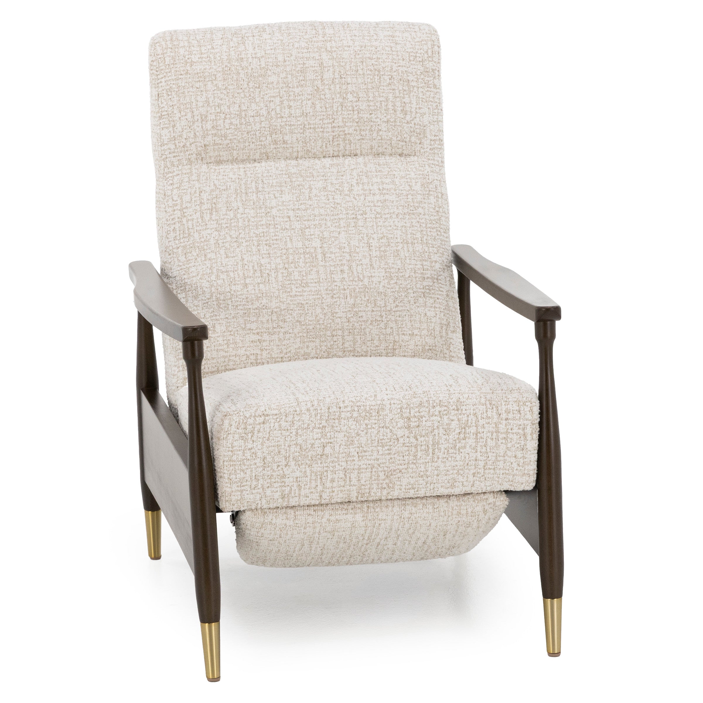 Beige upholstered armchair with wooden arms and gold-capped legs, front view.