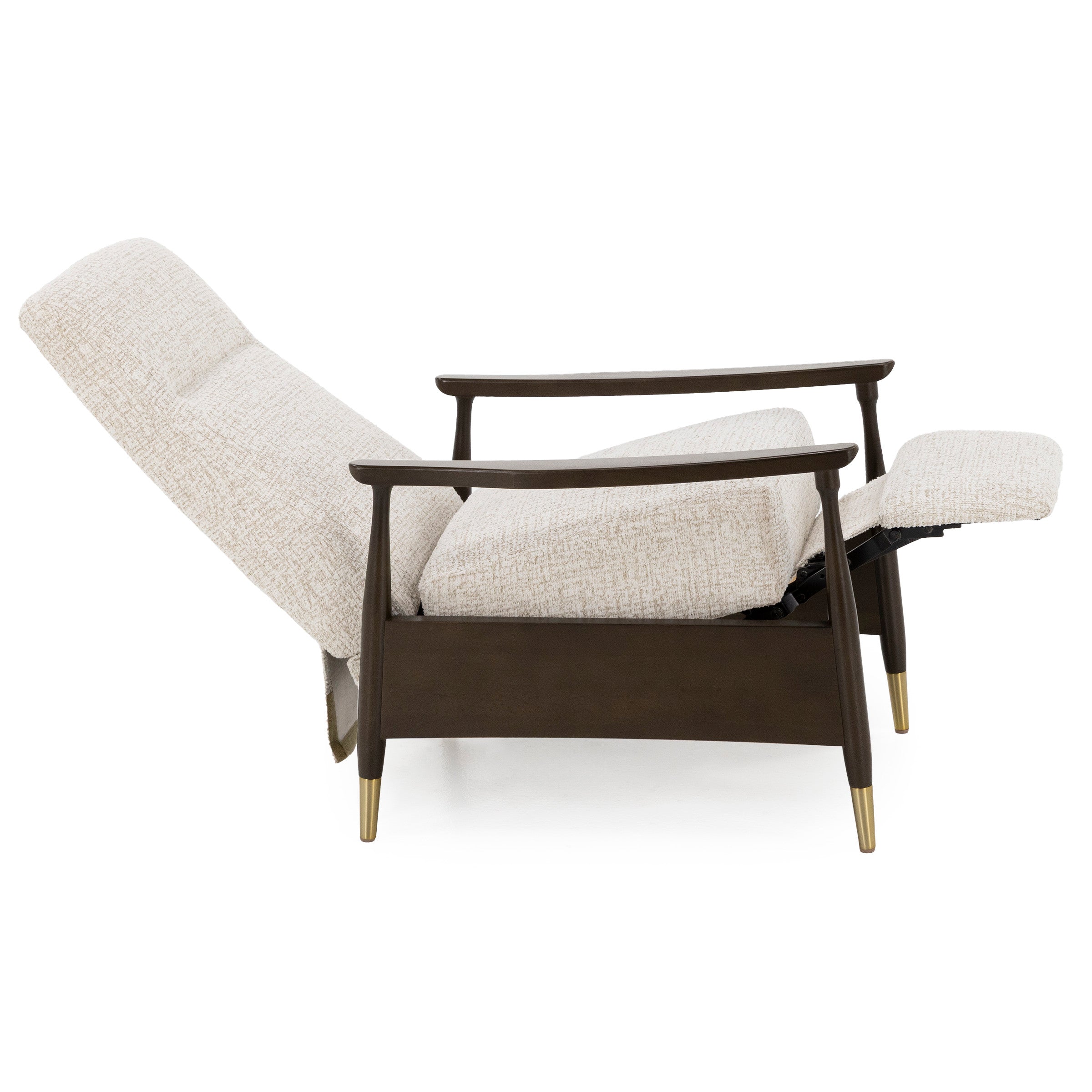 Side view of a beige upholstered recliner chair with extended footrest and wooden frame.