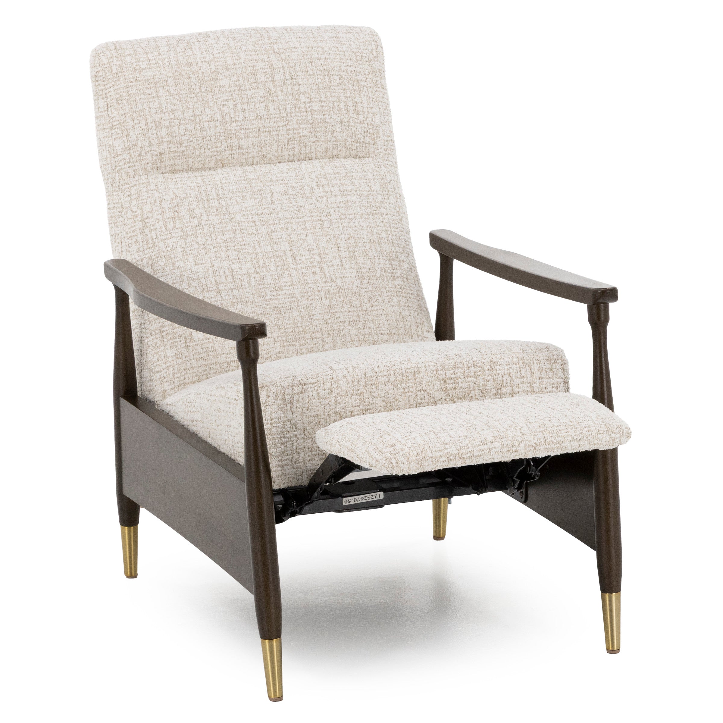 Mid-century modern beige recliner chair with wooden arms and extended footrest.