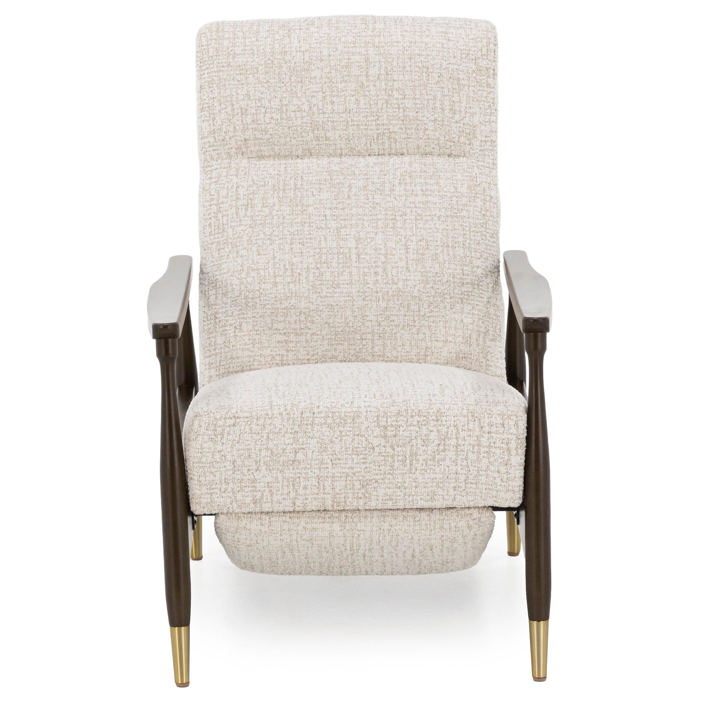 Front view of a modern beige armchair with wood arms and gold-tipped legs.