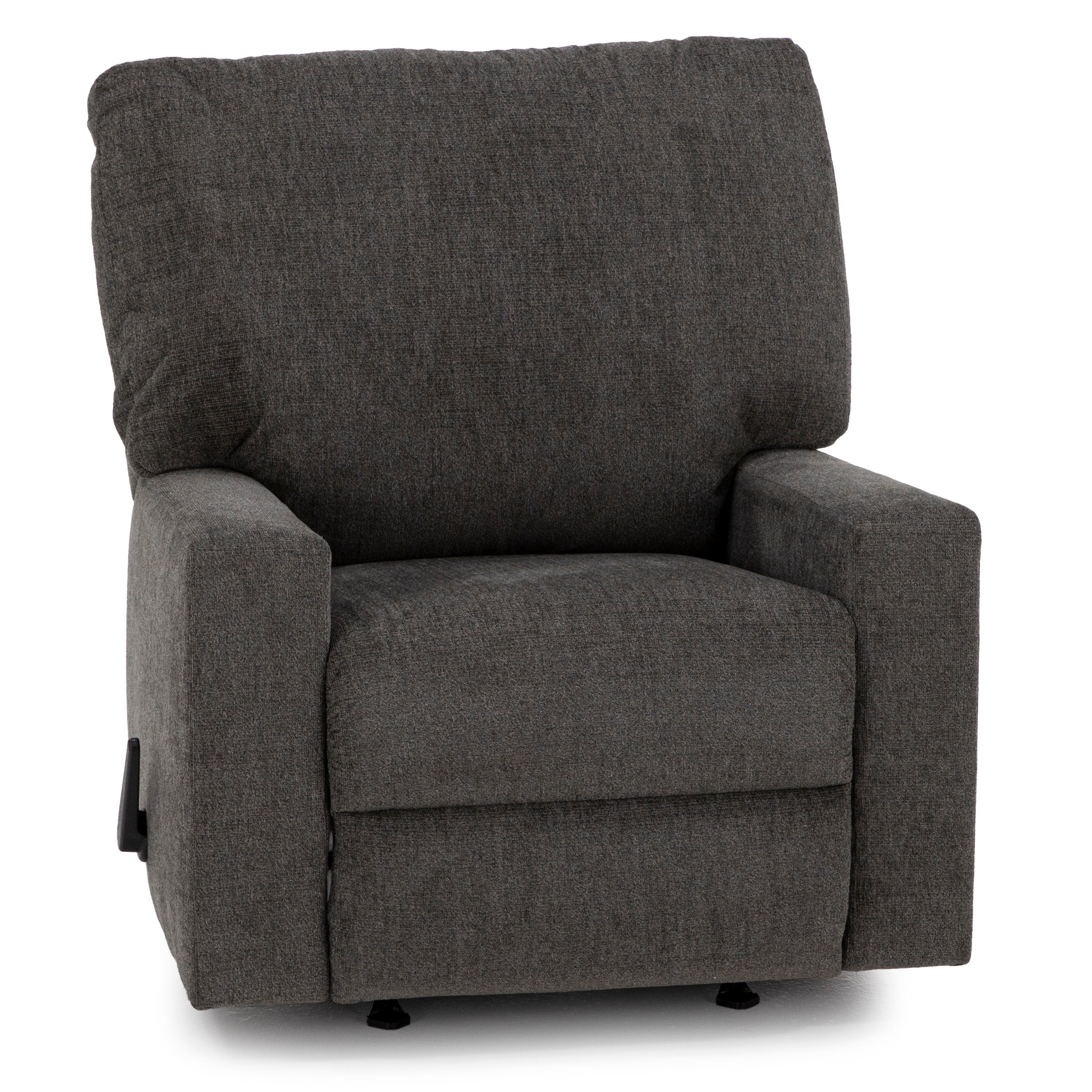 Dark gray upholstered recliner chair with wide arms and plush backrest.
